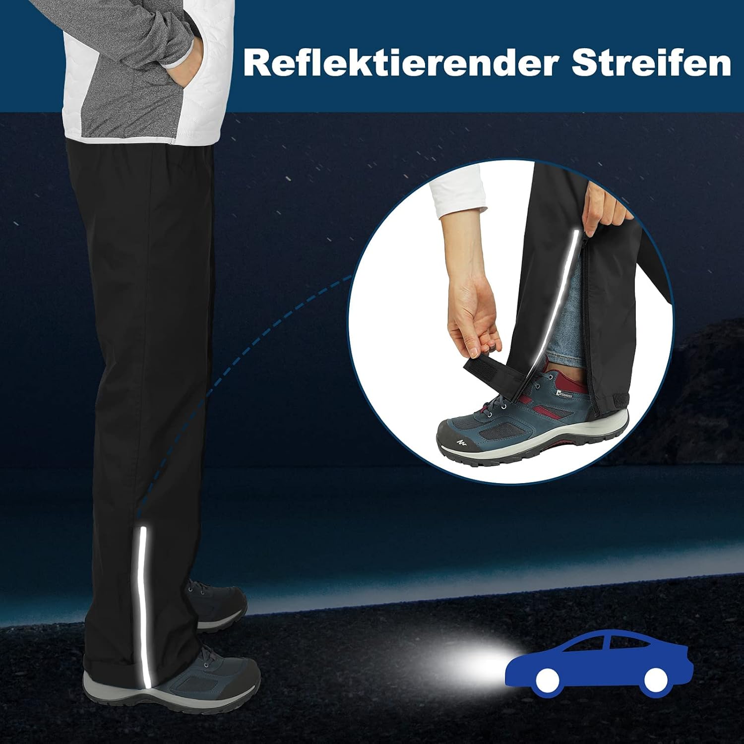 Detalle de Outdoor Ventures Damen Regenhose: Wasserdicht, atmungsaktiv und packbar für Wander- und Fahrradabenteuer