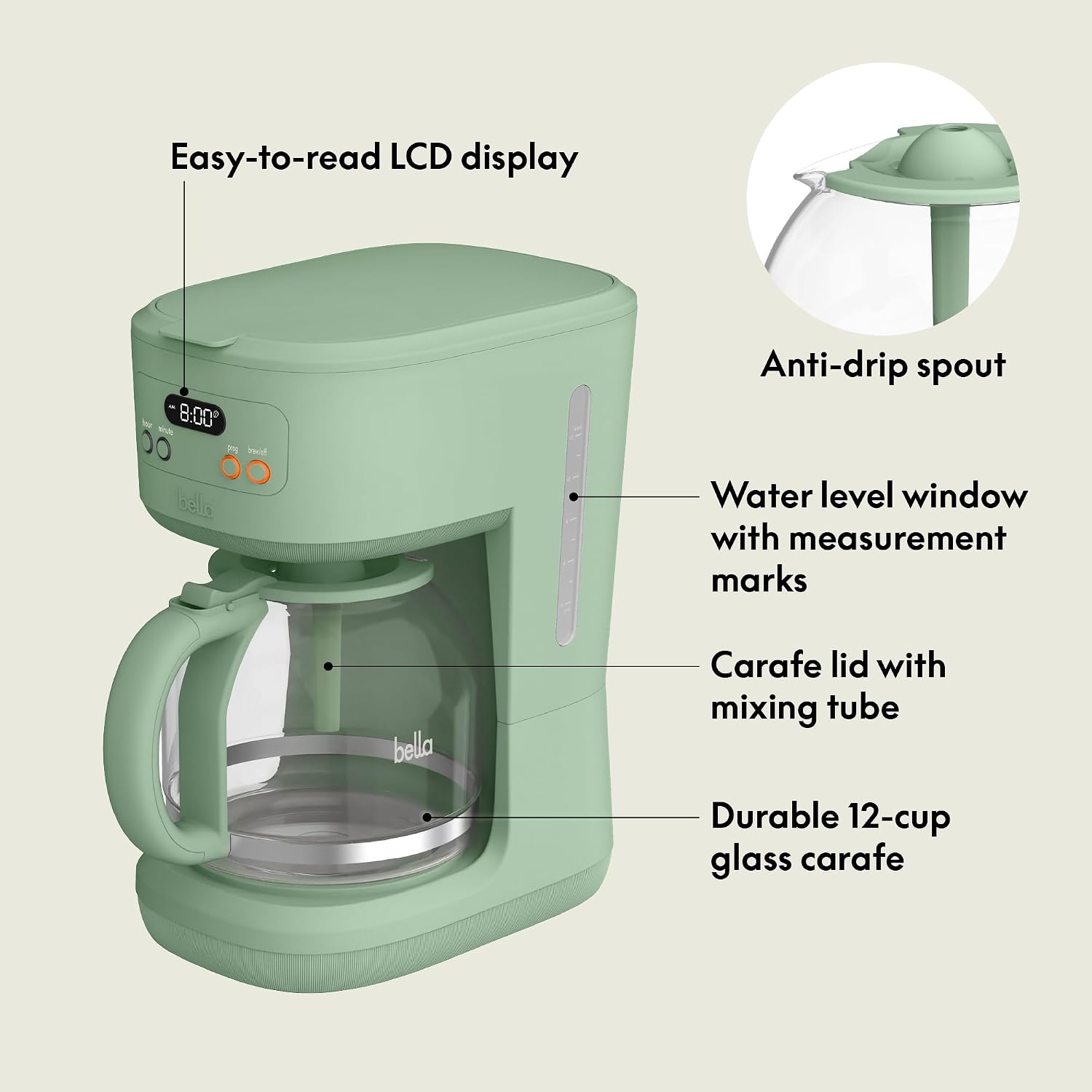 Detalle de bella 12 Cup Programmable Coffee Maker with LCD Display, Auto Shutoff, 900W (Seaglass)