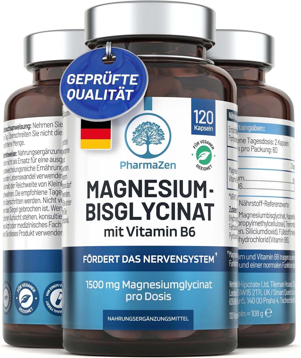 Detalle de Magnesium Bisglycinat hochdosiert mit Vitamin B6 (1500 mg, 120 Kapseln) – vegan & laborgeprüft