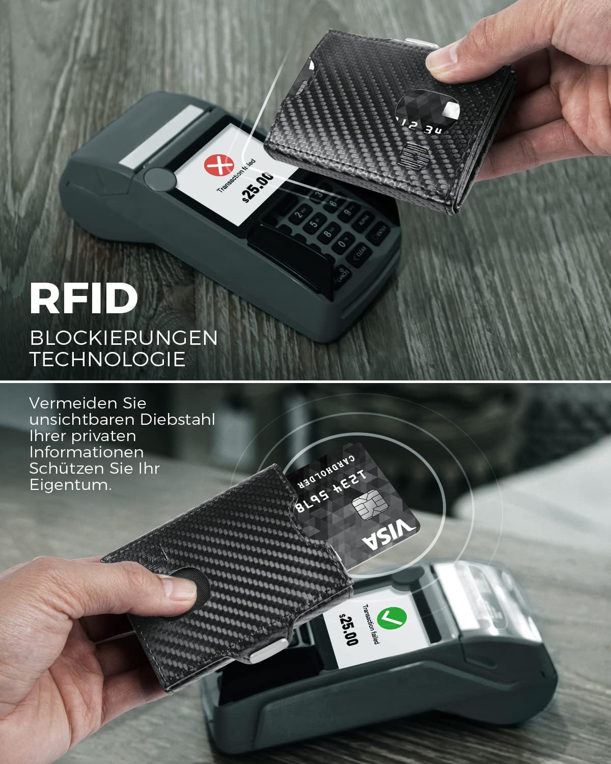 Detalle de DODENSHA Mini Geldbörse mit Münzfach und RFID-Schutz – Carbon, Slim Wallet