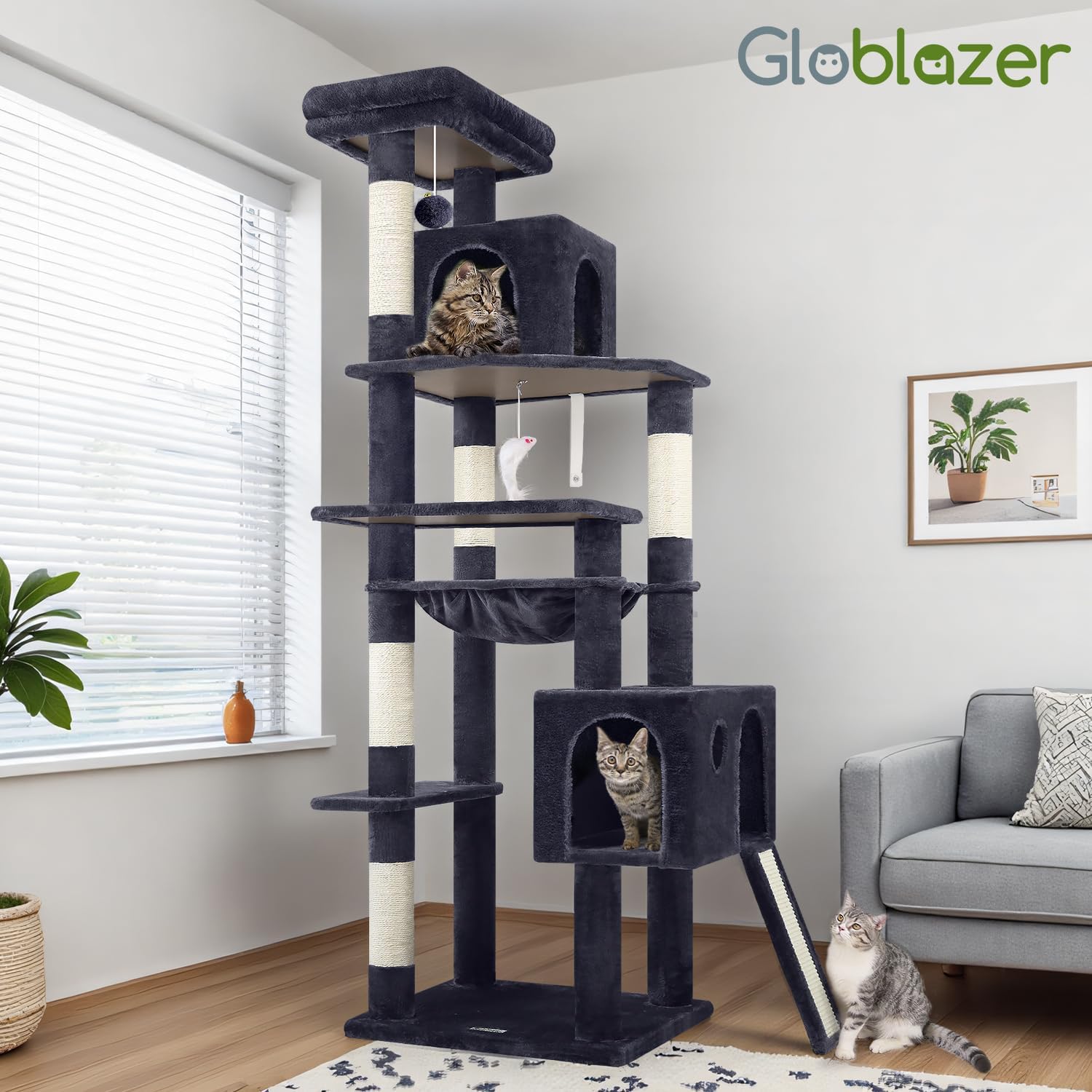 Thumbnail 6 de Globlazer Heavy Duty Cat Tree, 70-Inch Tall with Hammock, Condo, and Dual Climbing Paths