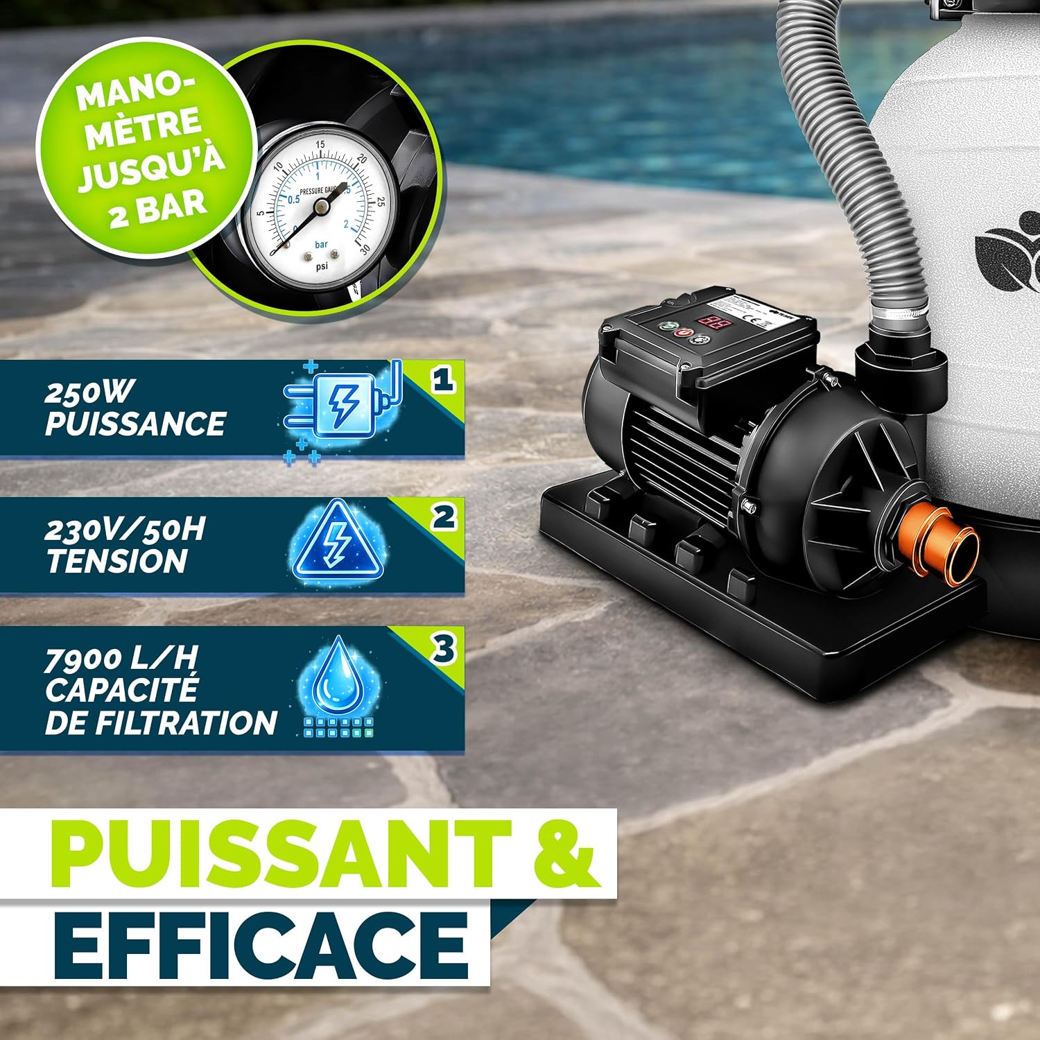 Detalle de Système de filtration à sable tillvex® 7.900 L/h avec vanne 7 fonctions, indicateur de pression et boules filtrantes