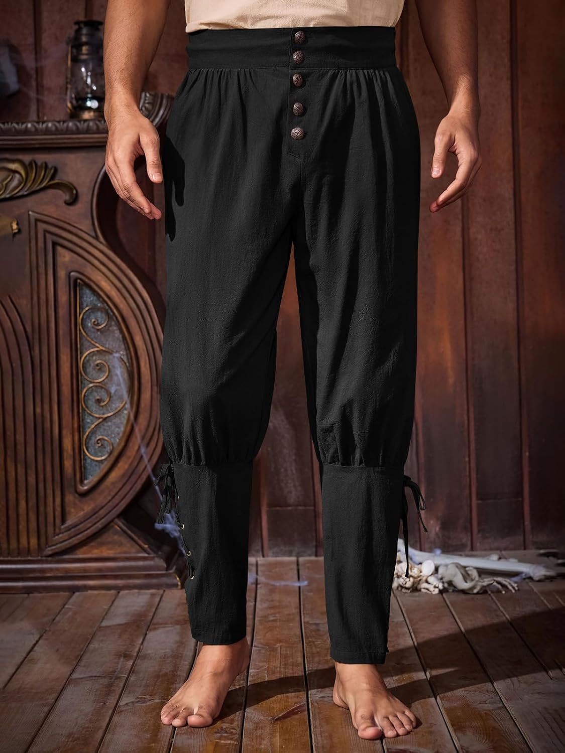 Detalle 2 de Runcati QT1806 Men's Medieval Pirate Pants, Cotton, Lace-Up Cuffs, Side Pockets