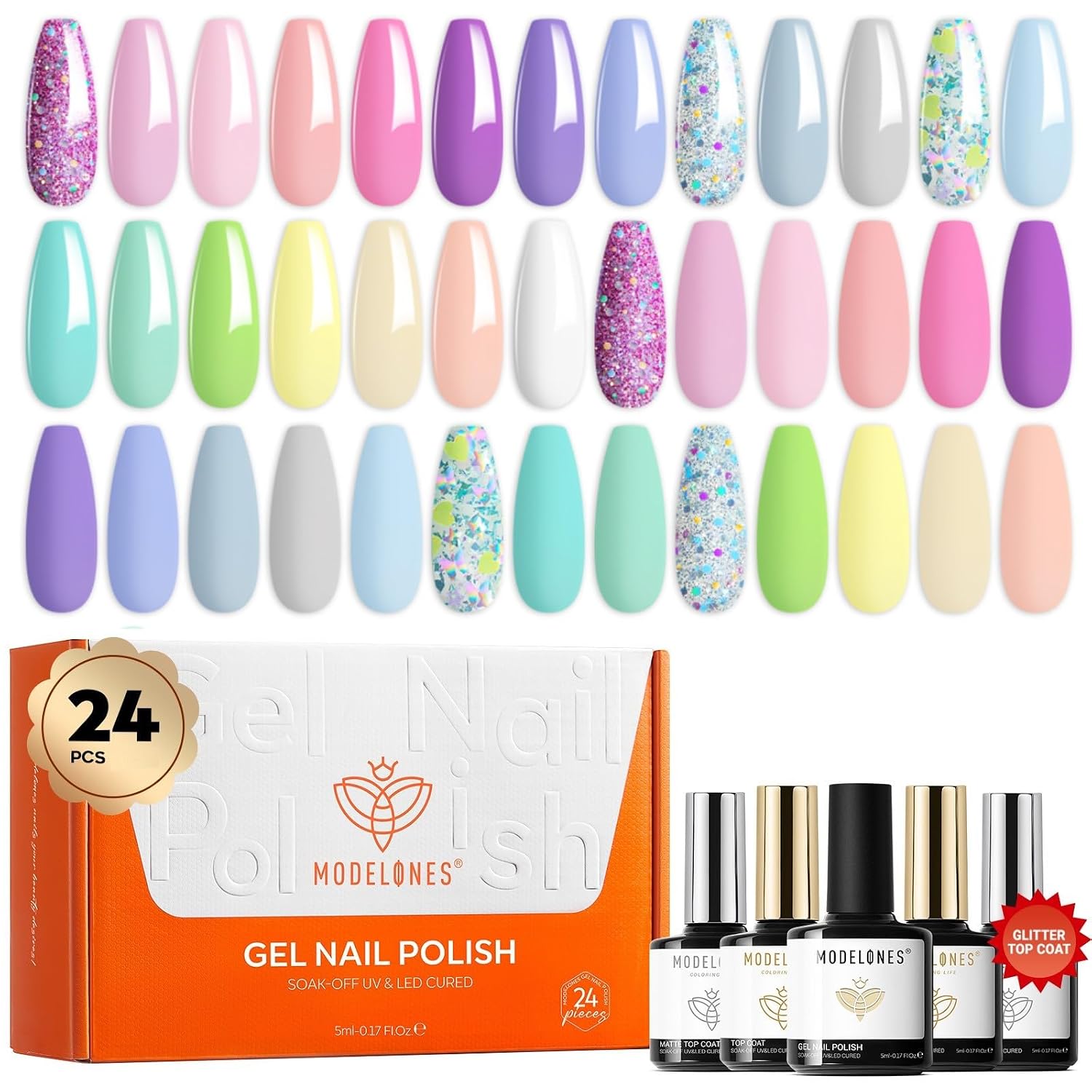 Detalle de Modelones 24Pcs Gel Nail Polish Set: 20 Easter Pastel Colors with Glitter, Glossy & Matte Top Coats