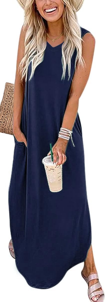 Thumbnail 6 de WNEEDU Damen Sommerkleid Lang mit V-Ausschnitt, A-Linie und Taschen
