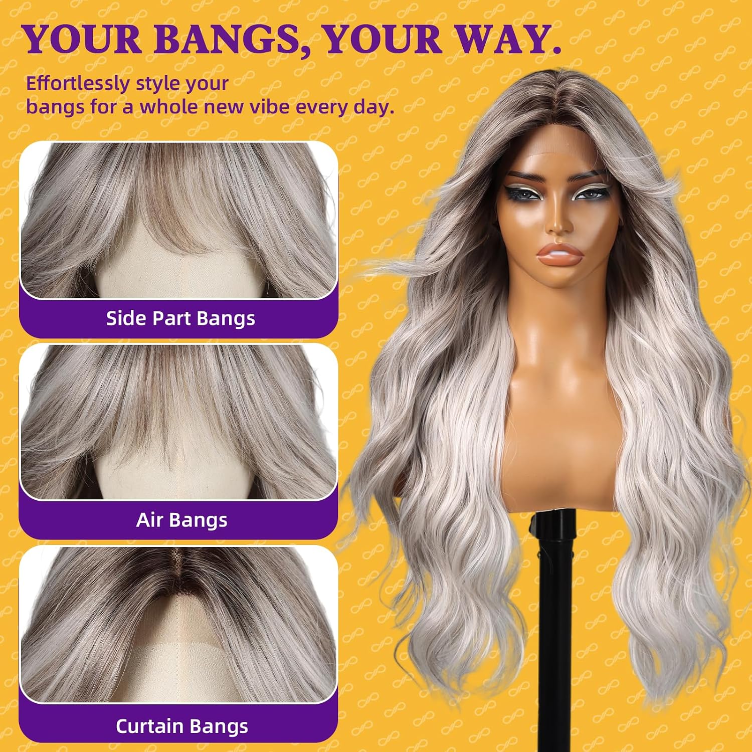 Detalle de KOME Silver Platinum Blonde 28-Inch Synthetic Lace Front Wig with Bangs