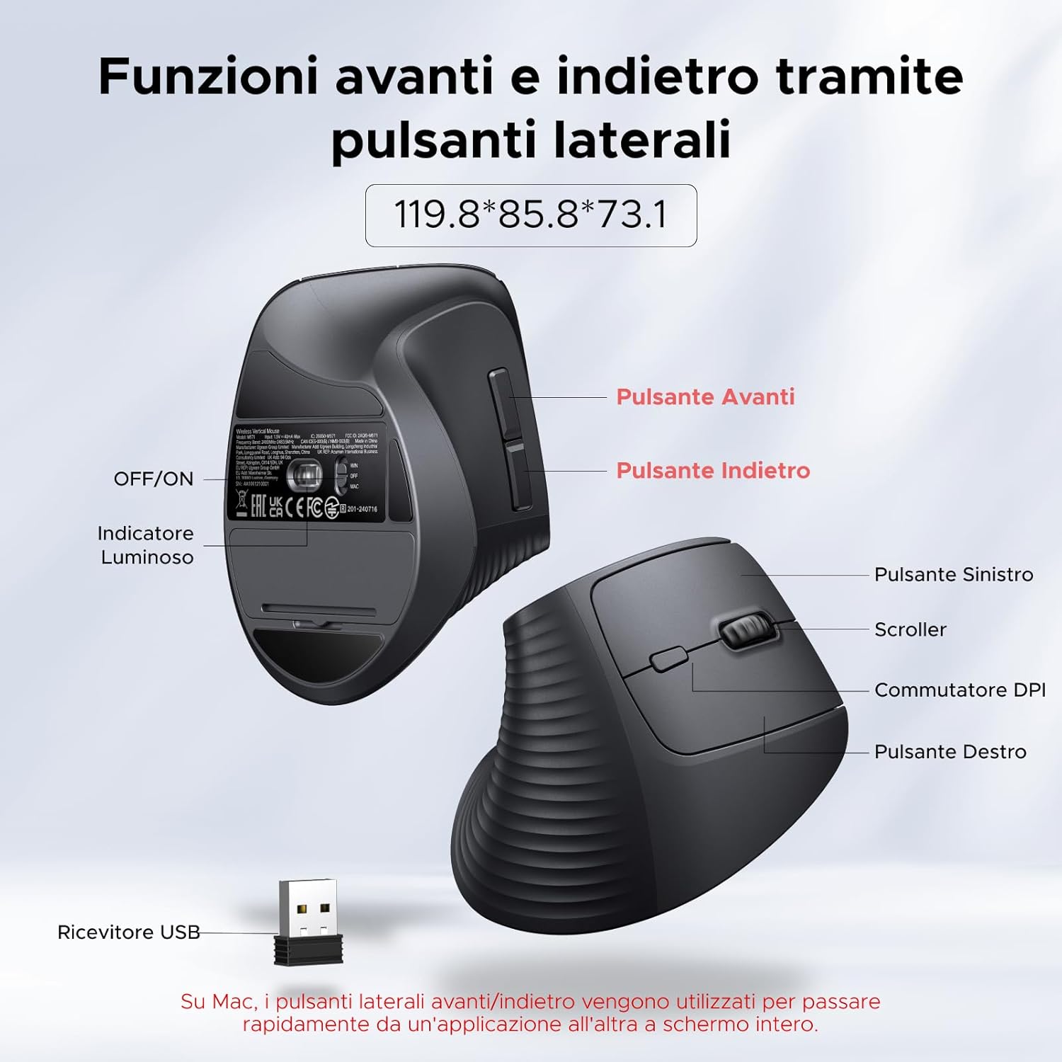 Thumbnail 6 de UGREEN Mouse Ergonomico Verticale Wireless 2.4G, DPI 1000/1600/2000/4000, Compatibile con PC, Mac e Linux