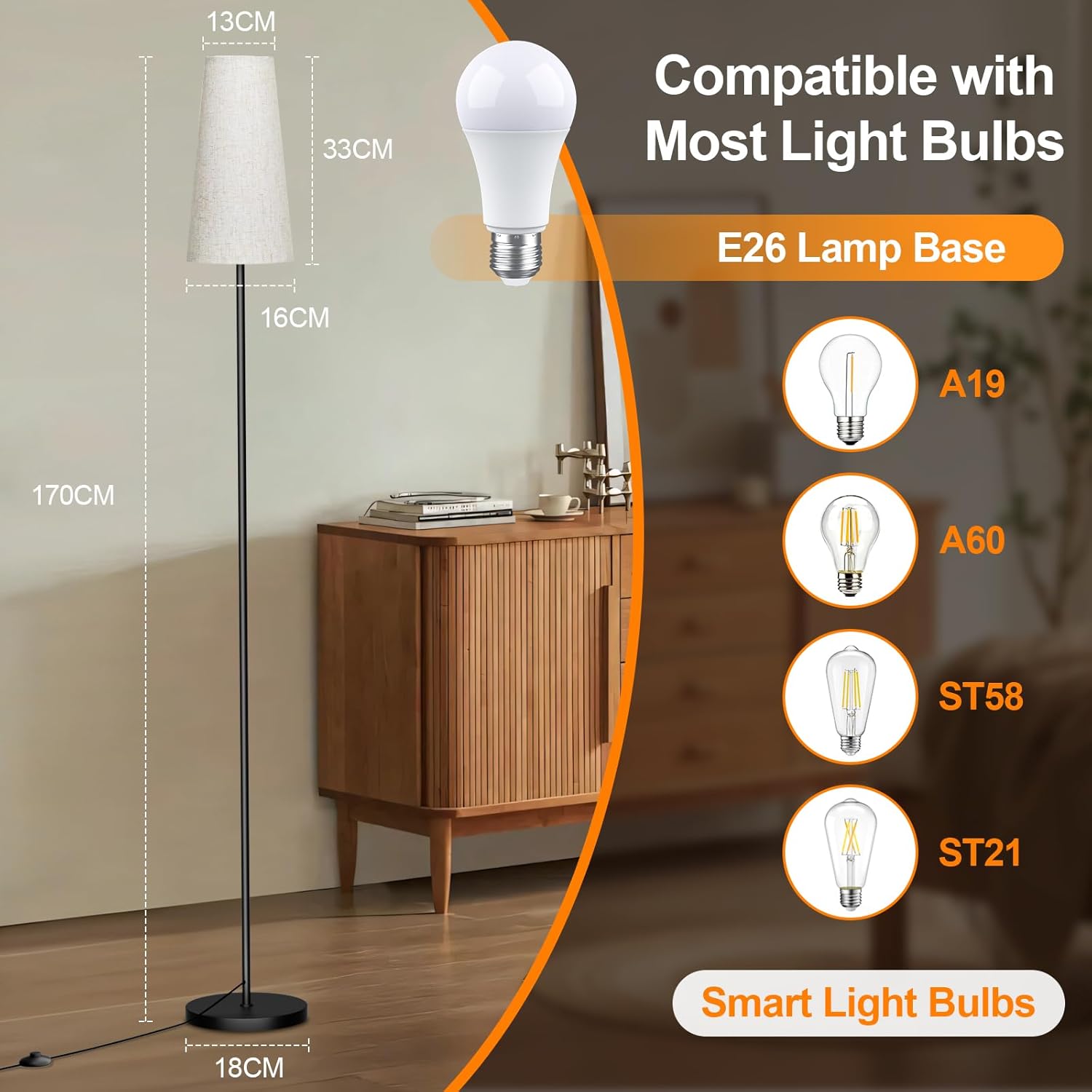 Thumbnail 5 de LED Floor Lamp (67") with Remote Control, 3 Colour Temperatures & Dimmable 9W Bulb Included