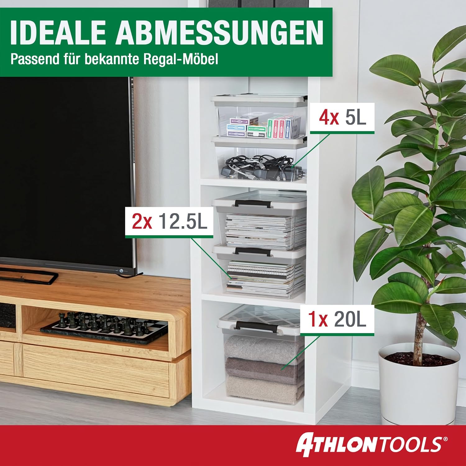 Thumbnail 6 de ATHLON TOOLS 4× 5-L Aufbewahrungsboxen mit Deckel – transparente, lebensmittelechte Plastikboxen stapelbar mit Verschlussclips