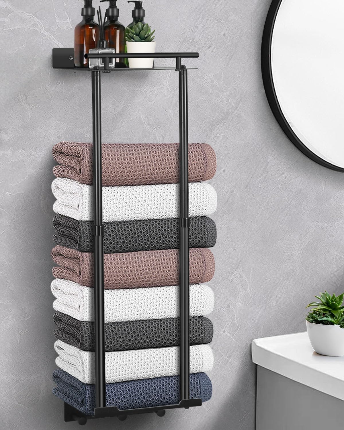 Detalle de LIVEHITOP UGA509 handdoekenrek met verstelbare stang, plank en 3 haken, zwart