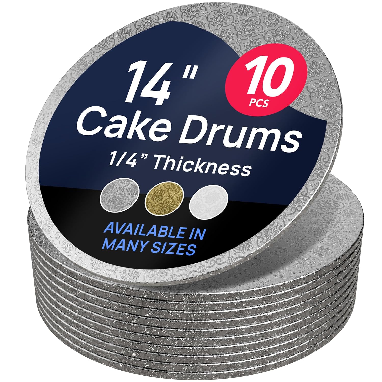 Detalle de O'CREME 14-Inch Round Cake Drum Boards, Silver Foil, 10-Pack