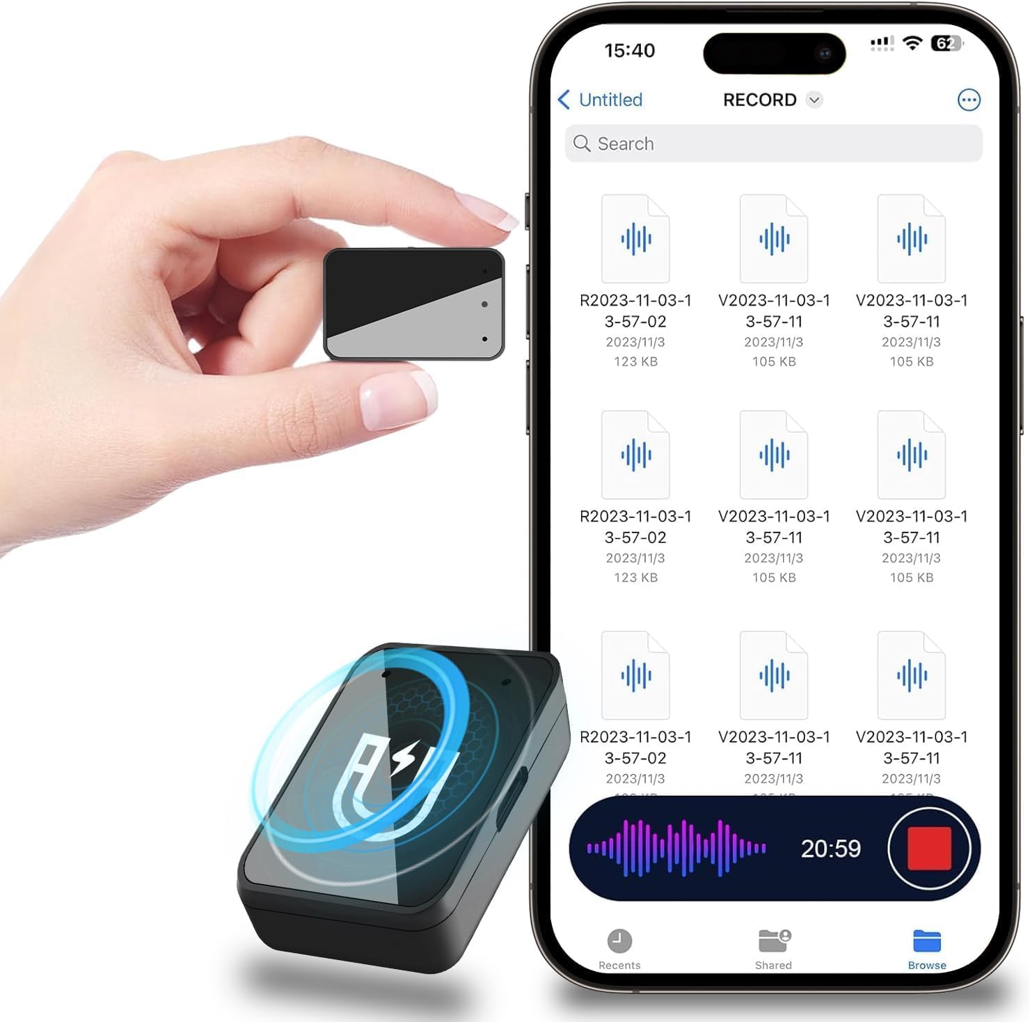 Enregistreur Vocal Magnétique 16 Go – USB-C Rechargeable, réduction du bruit