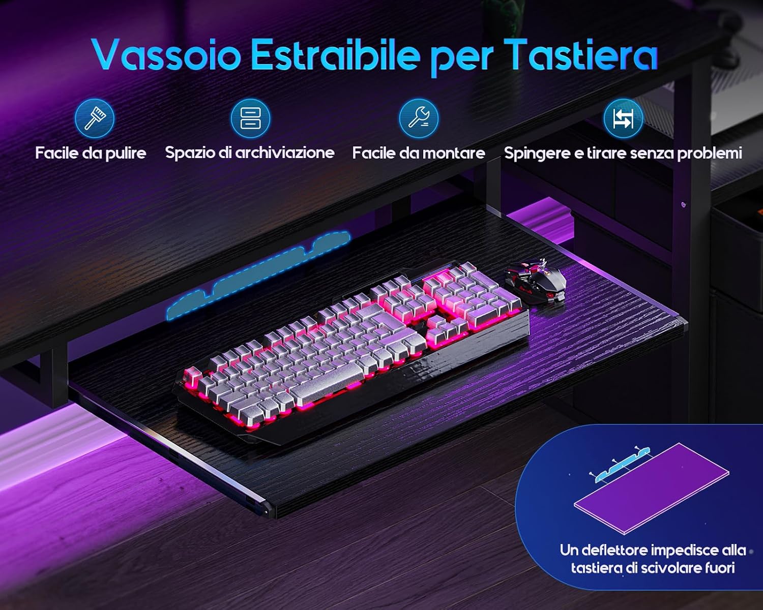Detalle de Coleshome Scrivania Gaming con LED e Prese - 140x48 cm, cassetti in tessuto, vassoio tastiera e supporto monitor