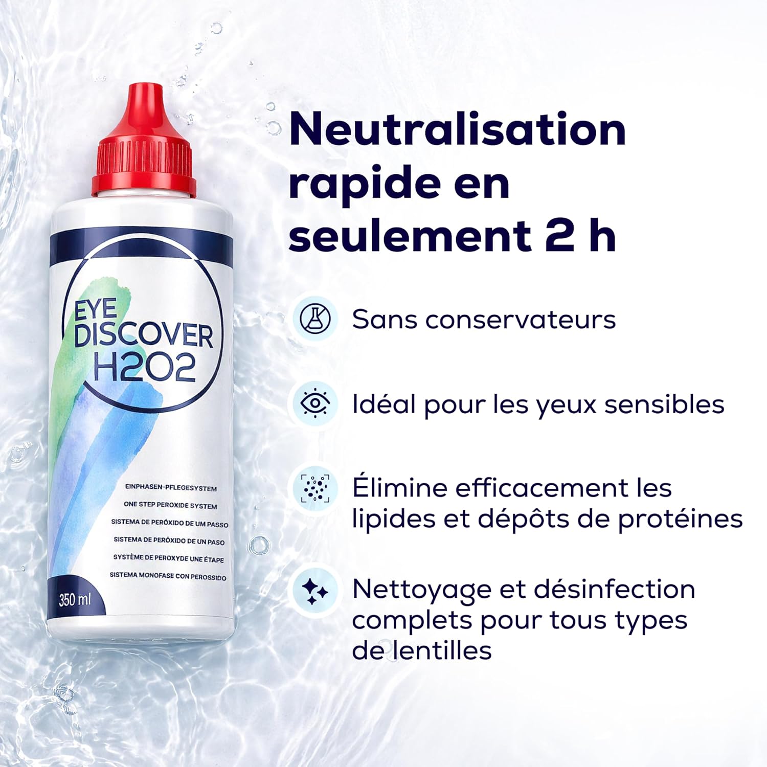 Detalle de EYE DISCOVER Solution au peroxyde pour lentilles – nettoyage en profondeur, sans conservateurs (2 x 350 ml + 90 comprimés neutralisants avec étui)