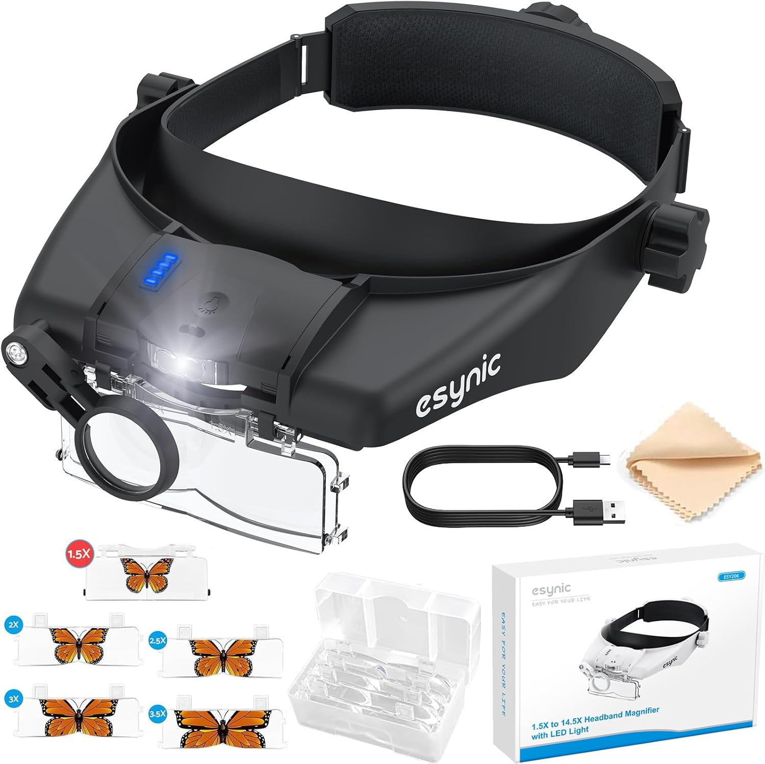 Detalle de eSynic Head Magnifying Glass with LED Light: A Practical 5-Lens Headband Magnifier for Reading and Crafts
