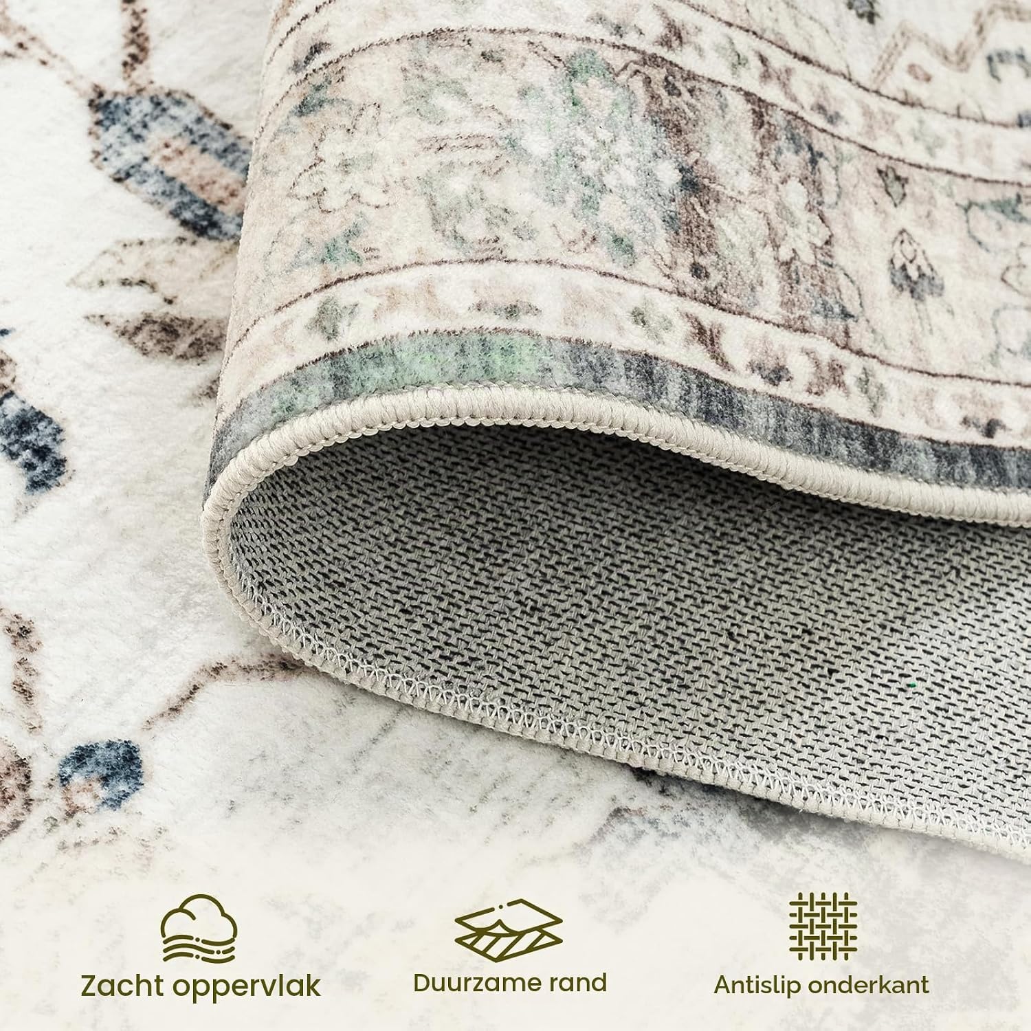 Detalle 2 de HOMFINE Vintage Alfombra vloerkleed 200 x 300 cm, lichtgroen met bloemenpatroon