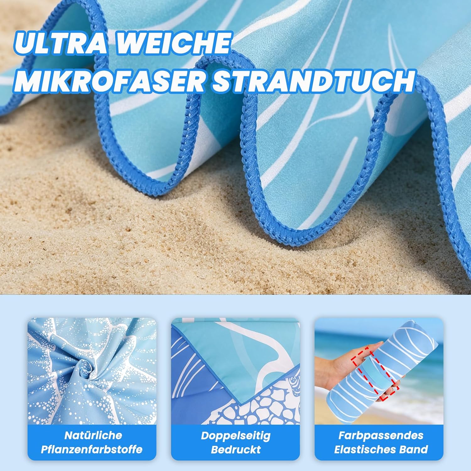 Detalle de Mikrofaser Strandtuch 180 x 100 cm – Doppelseitiges XXL Strandtuch, sandfrei, saugfähig & schnelltrocknend