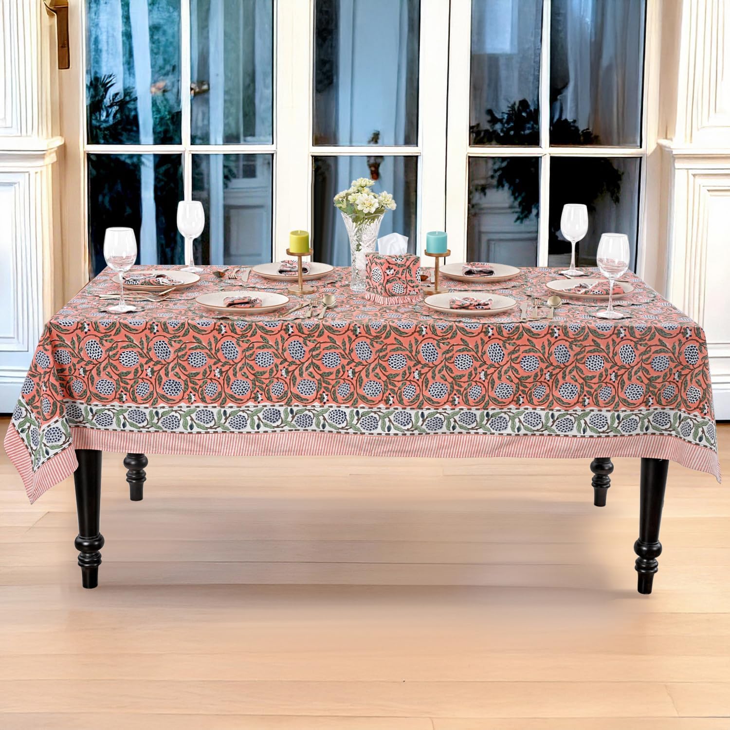 Thumbnail 6 de Ridhi Dark Salmon Pink Hand Block Print Cotton Tablecloth 60" x 60