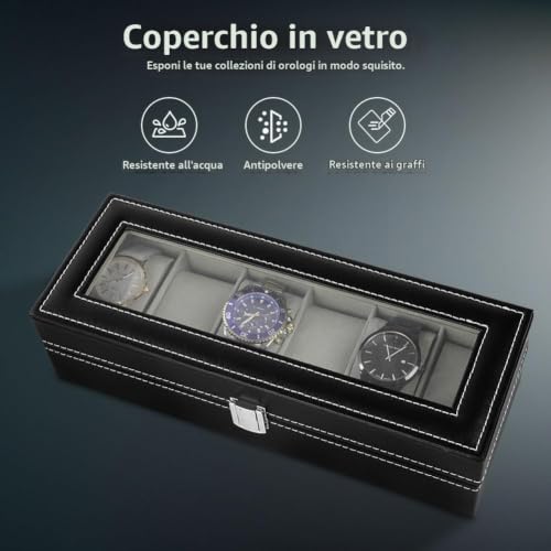Detalle de OFFCUP Porta Orologi 6 Posti Scatola Portaorologi PU con Coperchio in Vetro