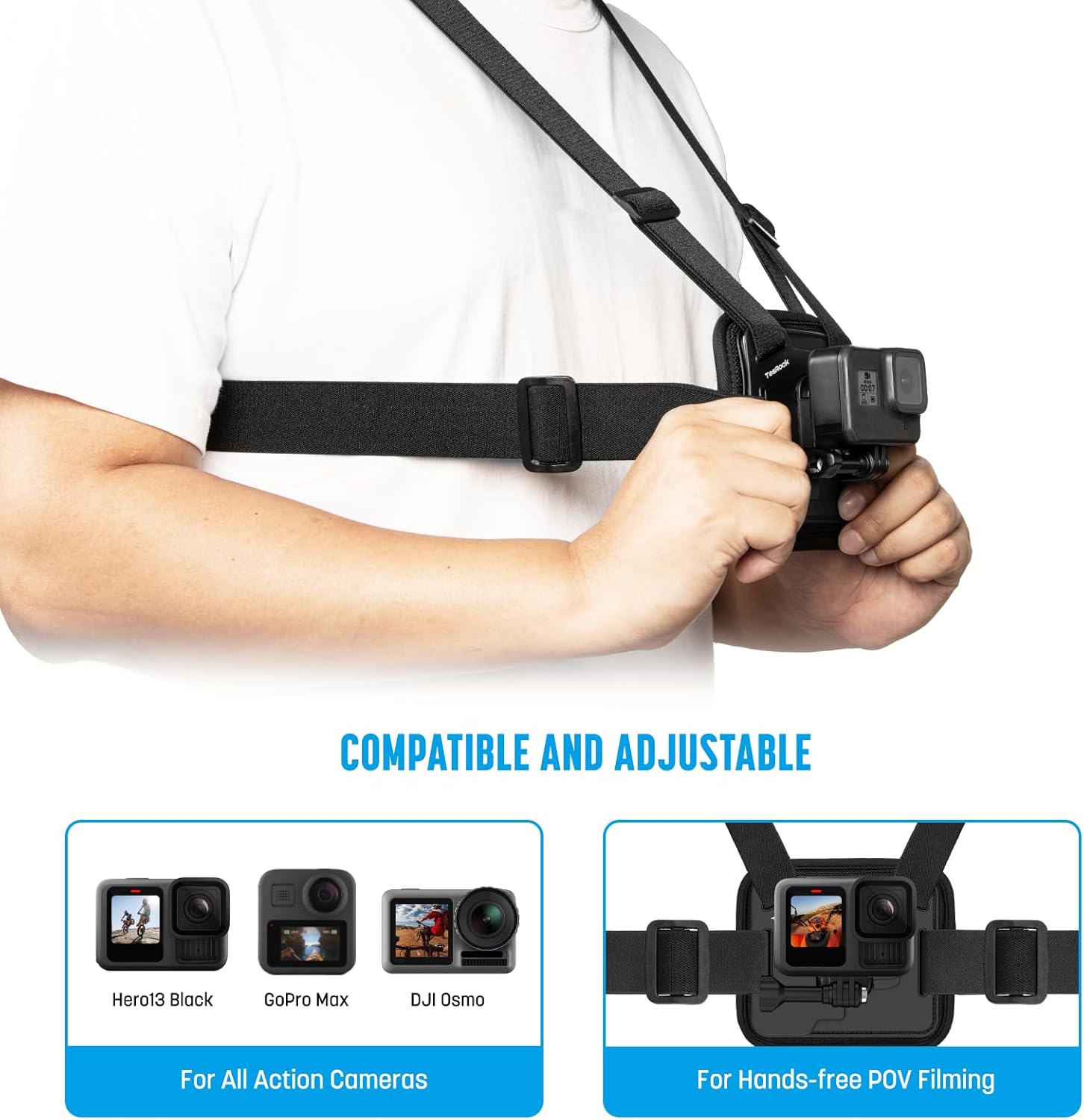 Detalle de TesRock Imbracatura Pettorina Chesty: compatibile con tutte le GoPro e action camera, comfort e stabilità in ogni sport