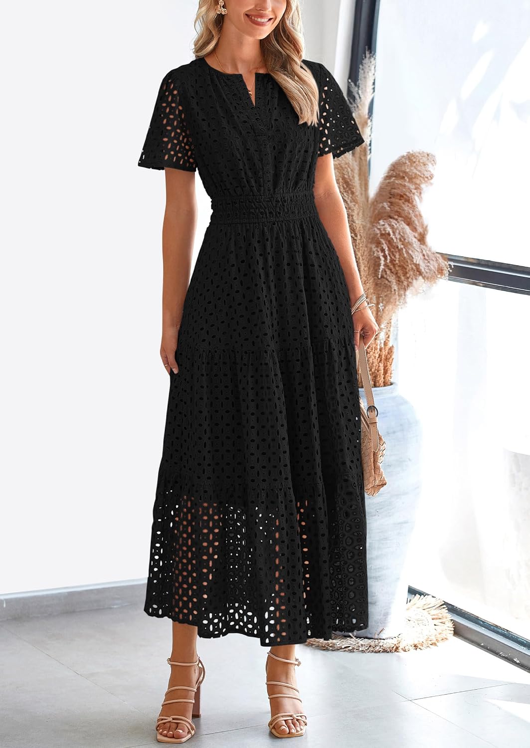 Detalle 2 de PRETTYGARDEN Womens 2026 Summer Maxi Dress: Eyelet V-Neck A-Line with Short Sleeves