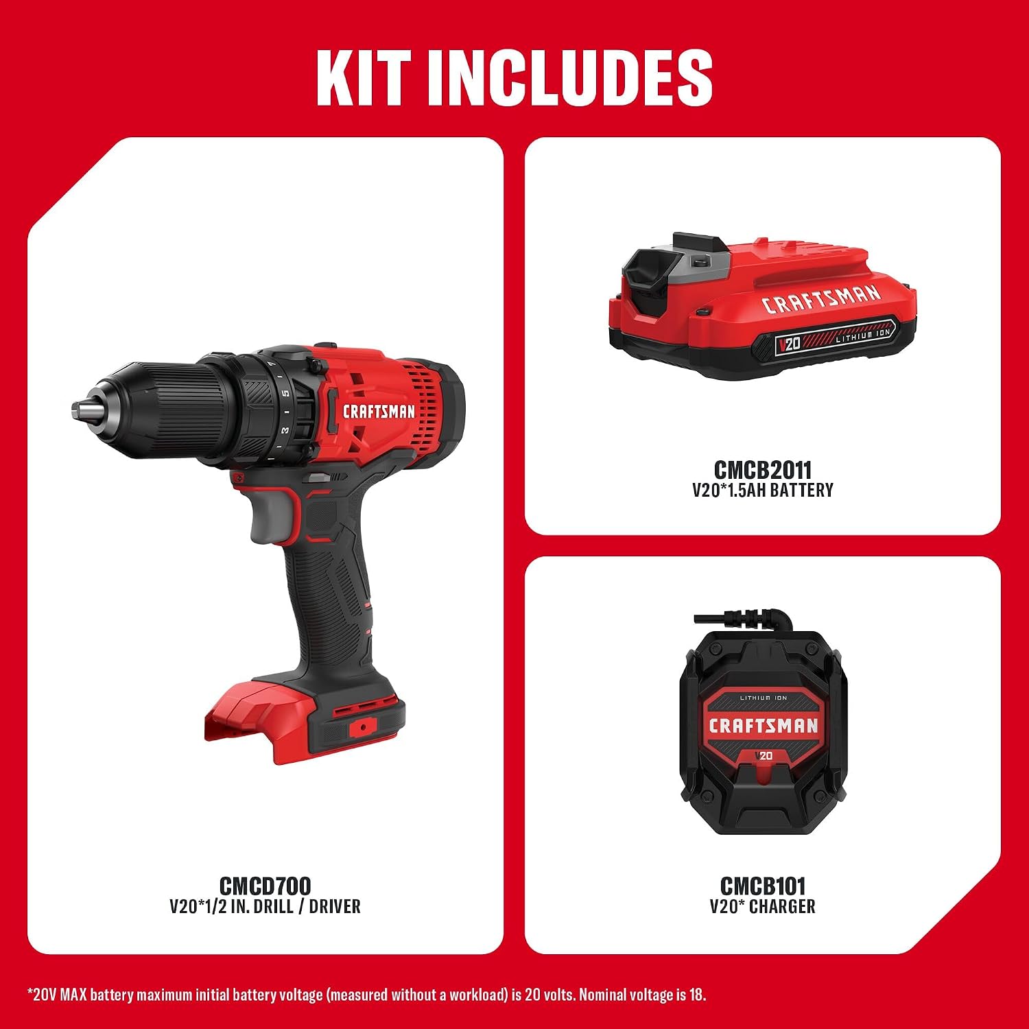 Detalle de CRAFTSMAN V20 CMCD700C1 Cordless Drill/Driver Kit, 1/2-Inch Chuck