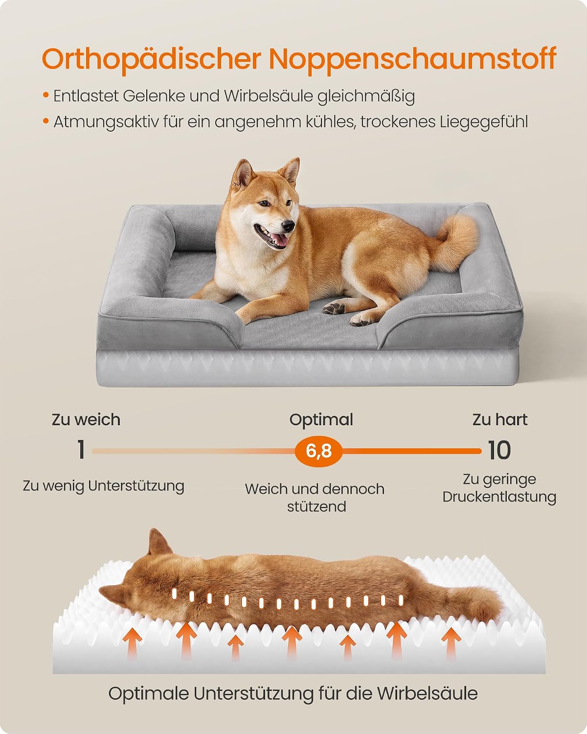 Detalle de Feandrea orthopädisches Hundebett L – erhöhter Rand, Noppenschaumstoff, waschbarer Bezug