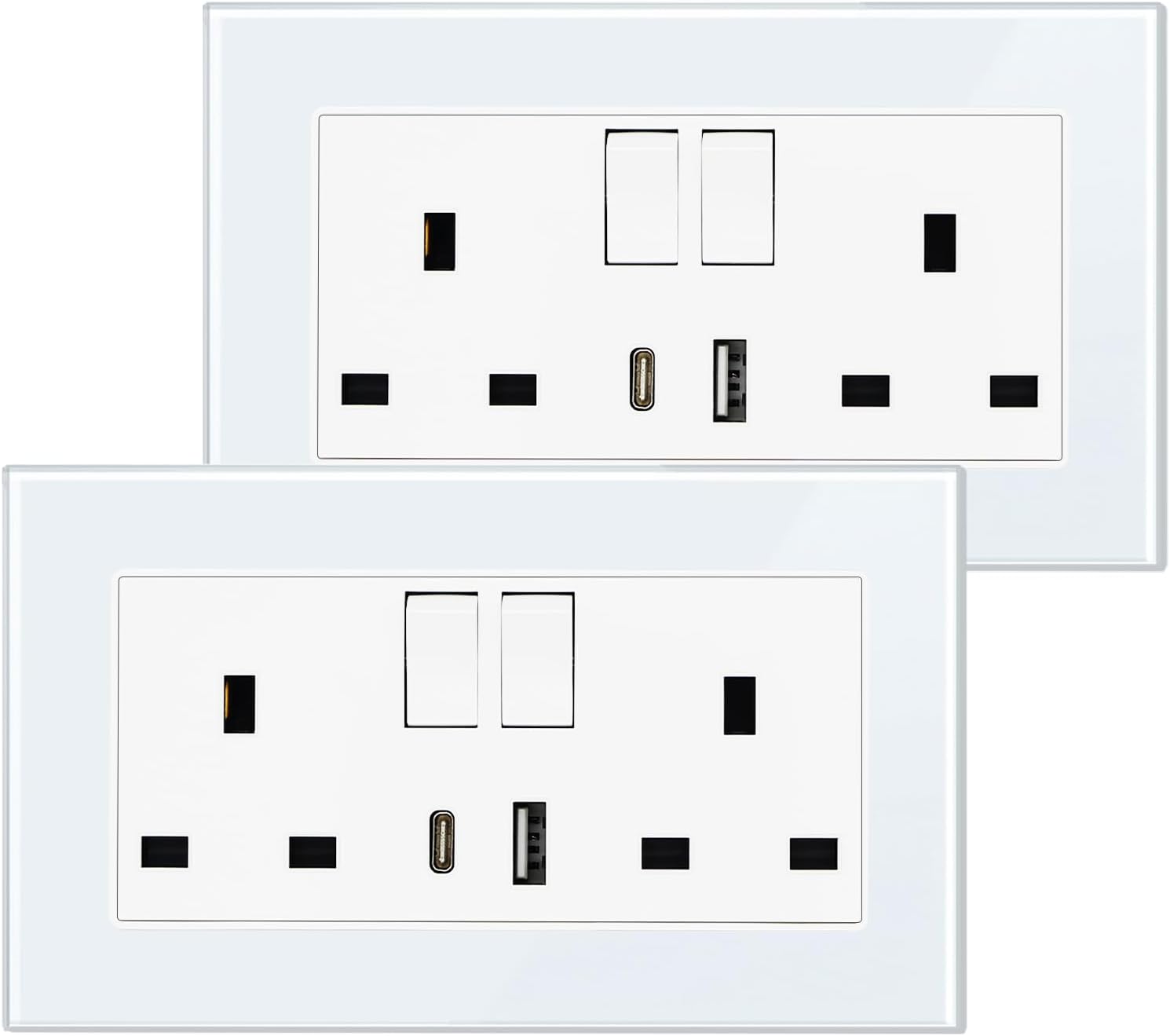 Detalle de BSEED Double Switched Sockets with USB C & USB A Ports (2 Gang) – White Glass Panel, 2 Pack