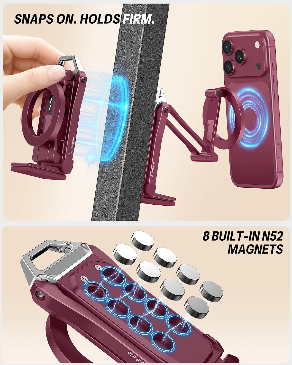 Detalle 2 de OMOTON TP02-Wine Red Magnetic Phone Tripod, 360° Rotation, Foldable