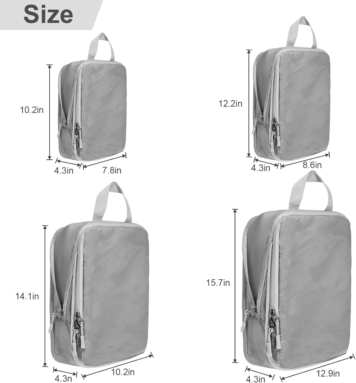 Detalle de Compression Packing Cubes Grey – Travel Storage Bag Set of 4 (Compression Organiser for Suitcase & Carry On)