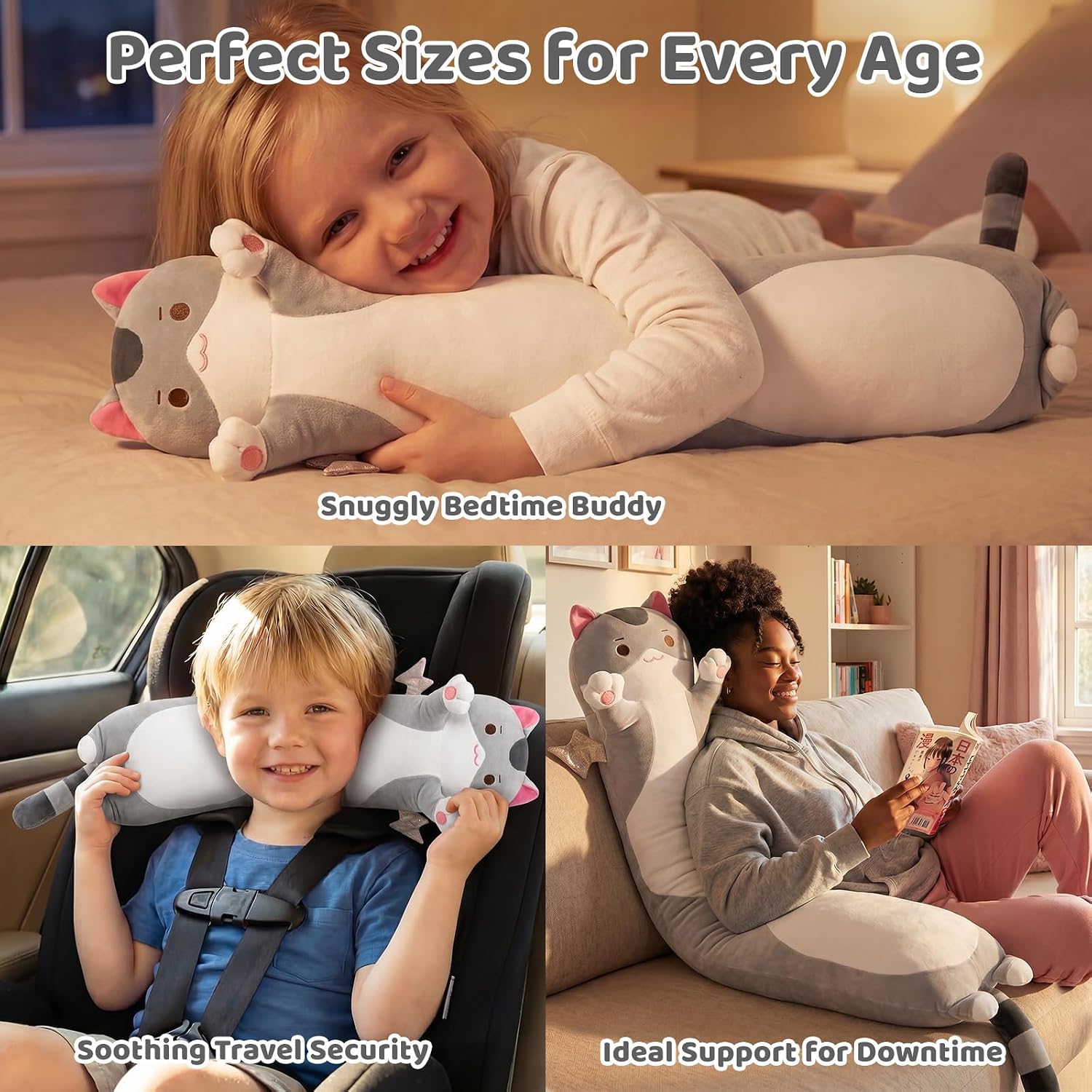 Thumbnail 2 de Mewaii Long Cat Plush 36” Giant Plush Body Pillow (5 Sizes, Extra-Filling) - Cute Grey Cat Cuddle Pillow