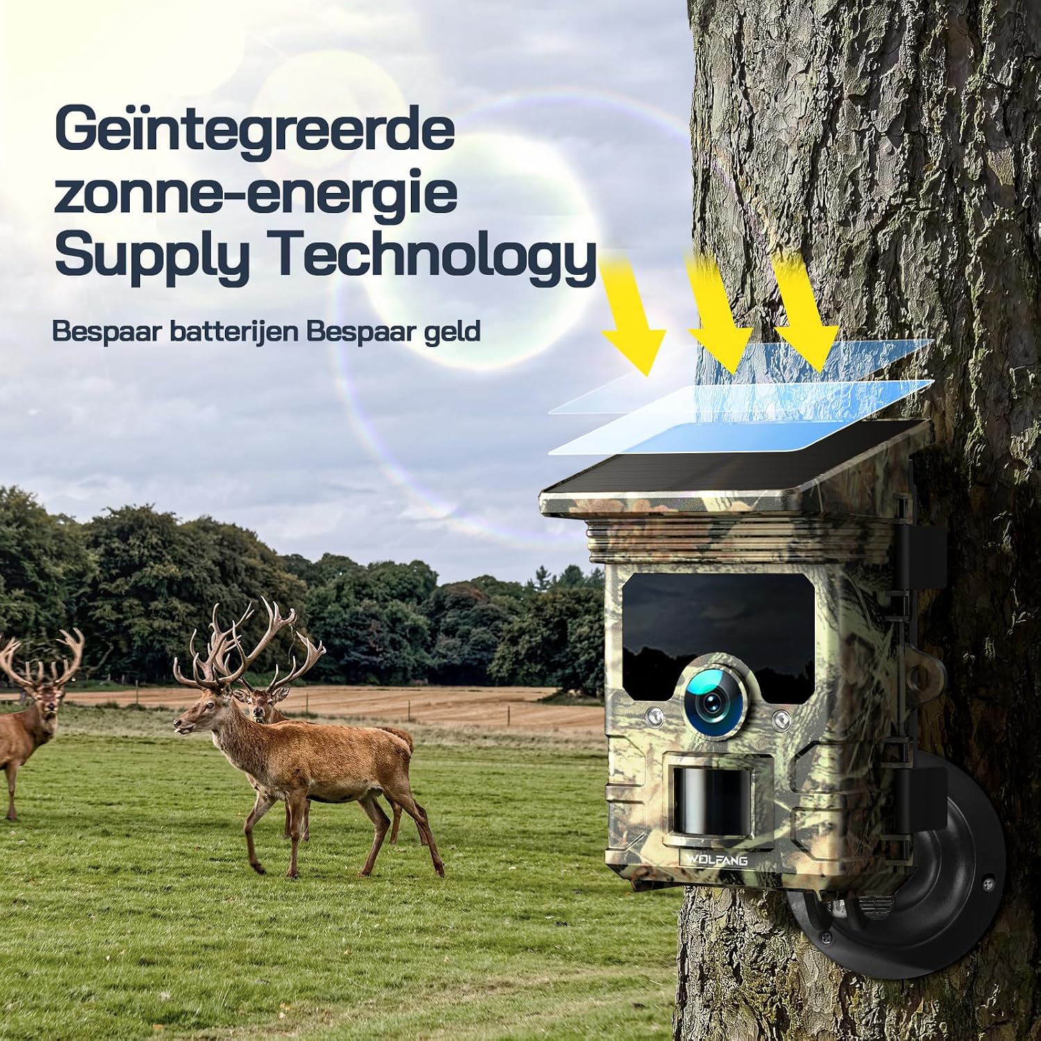 Detalle de WOLFANG WT03 wildcamera met zonnepaneel, 4K-video en 68MP-foto’s