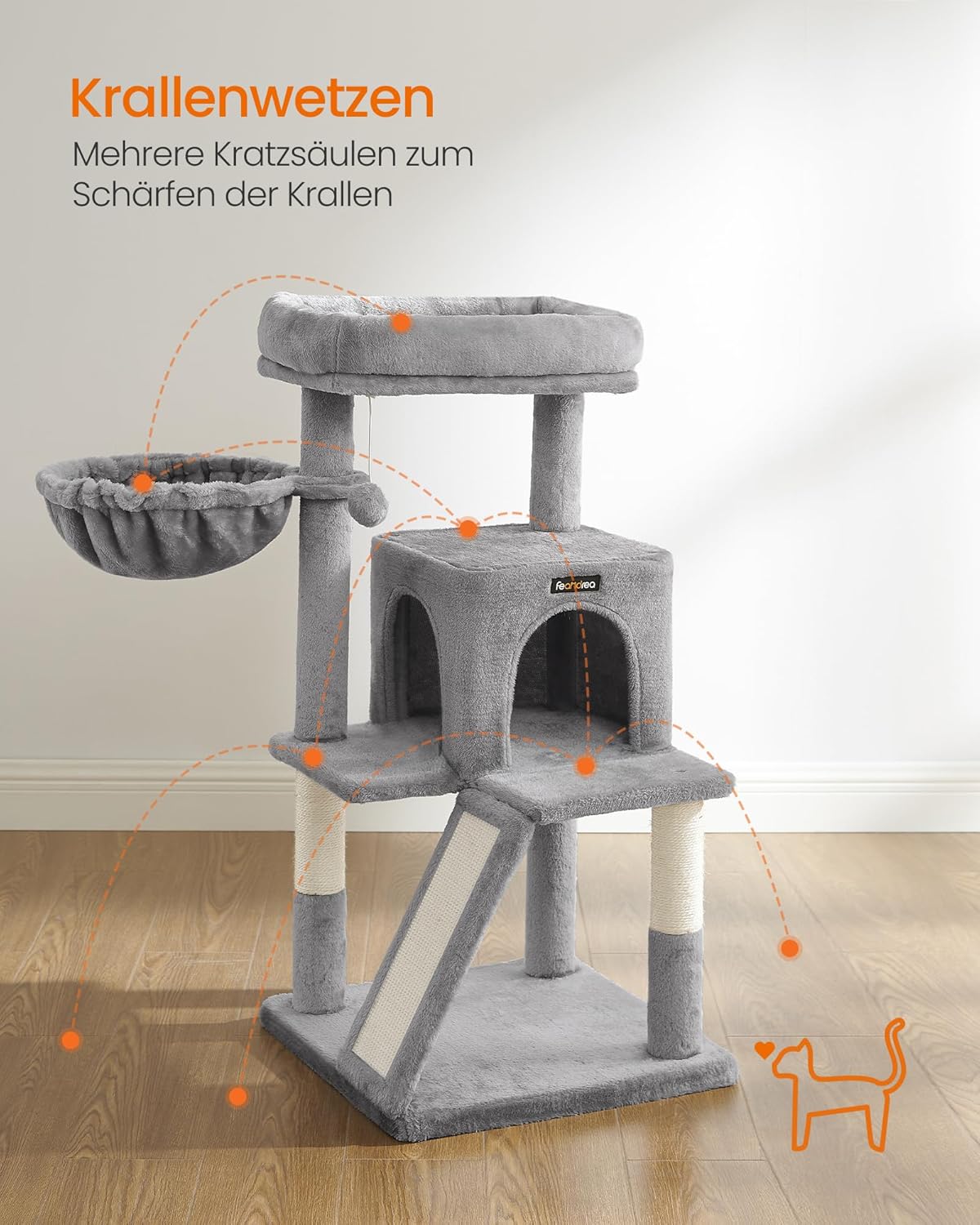 Detalle de Feandrea Kratzbaum 96 cm hoch – großer Katzenbaum mit Höhle, Hängematte und Kratzrampe