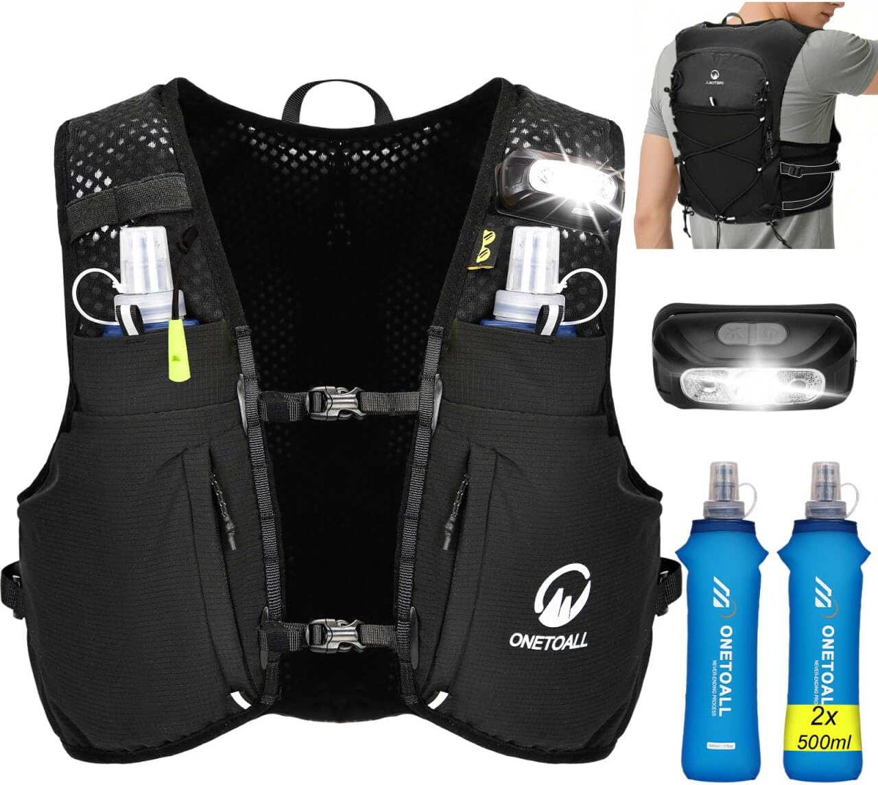 ONETOALL Gilet d’hydratation réfléchissant avec 2 gourdes pliables 500 ml