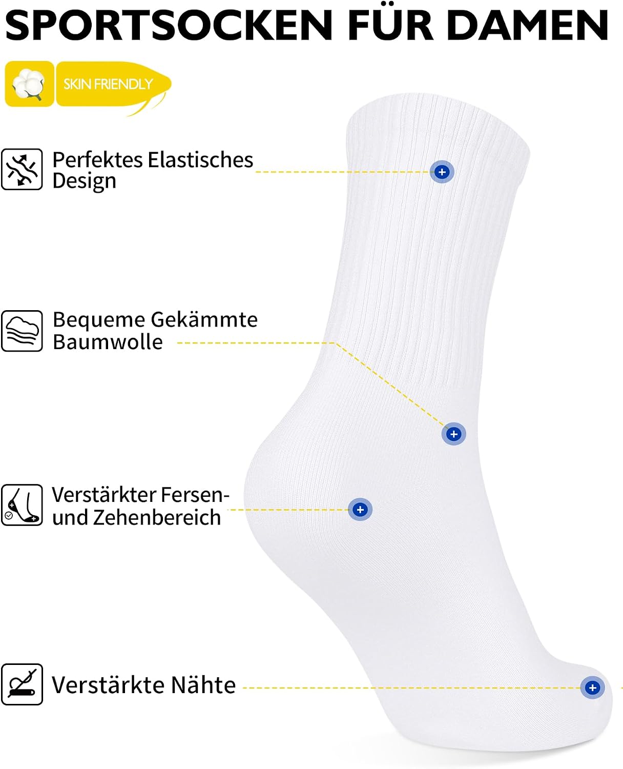 Detalle 2 de CLOSEMATE Damen Tennissocken im 5er-Pack (5 Paar) – atmungsaktive Baumwoll-Crew Socks für 35–42