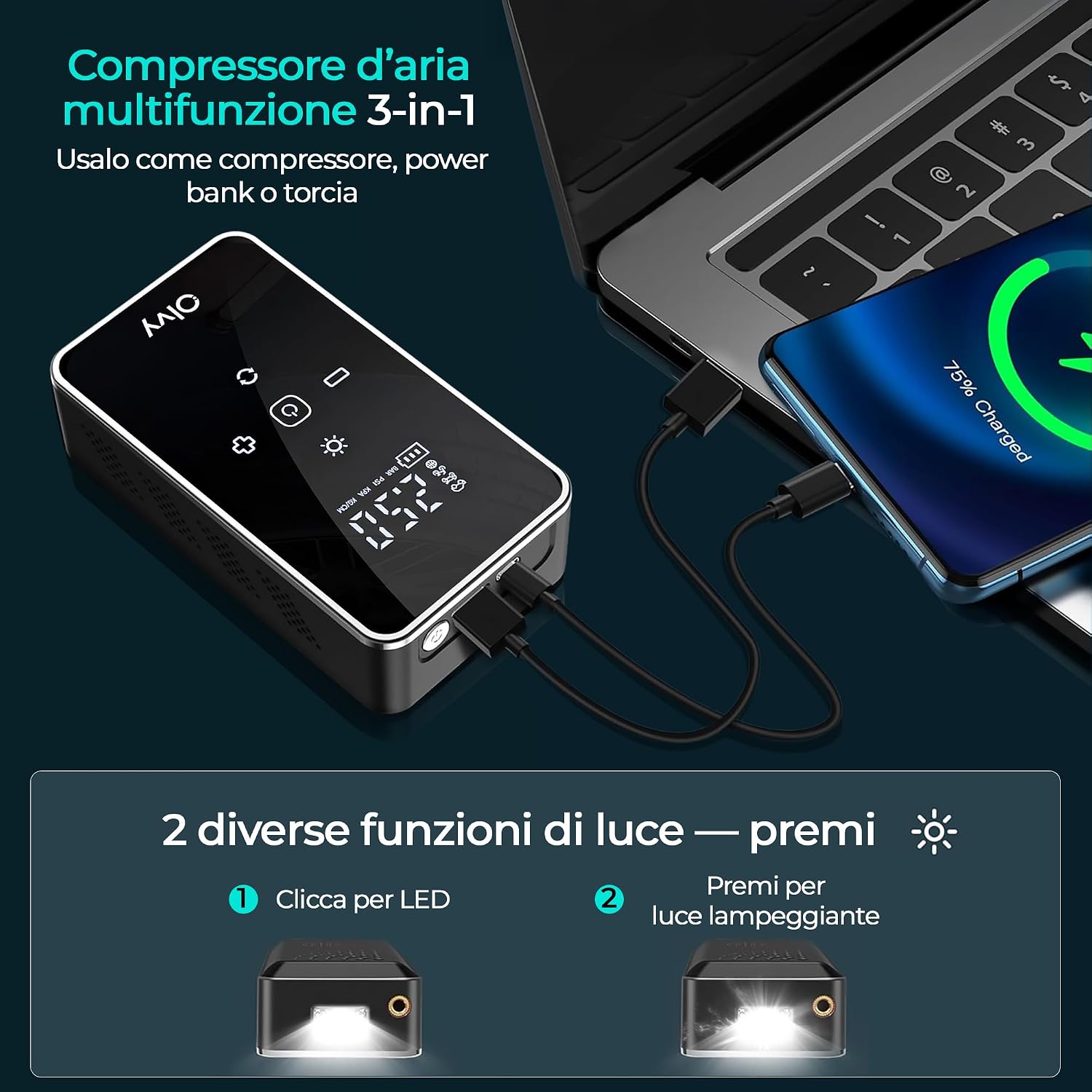 Thumbnail 3 de Olvy Compressore d'aria portatile 12V: gonfiaggio rapido e sicuro ovunque