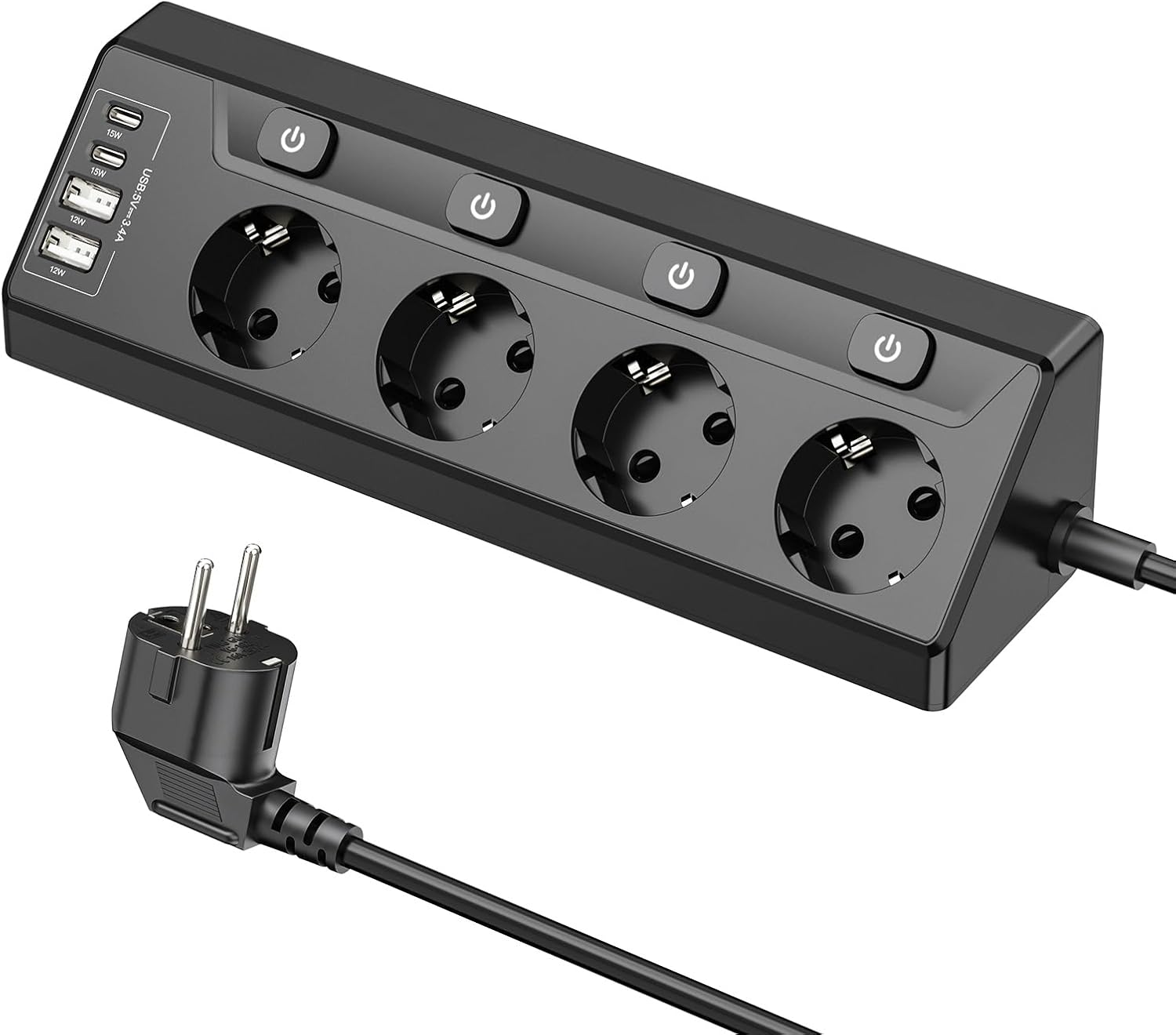 Detalle de HITRENDS Hoekstopcontact-Zwart: stekkerdoos met 4 stopcontacten en 4 USB-poorten