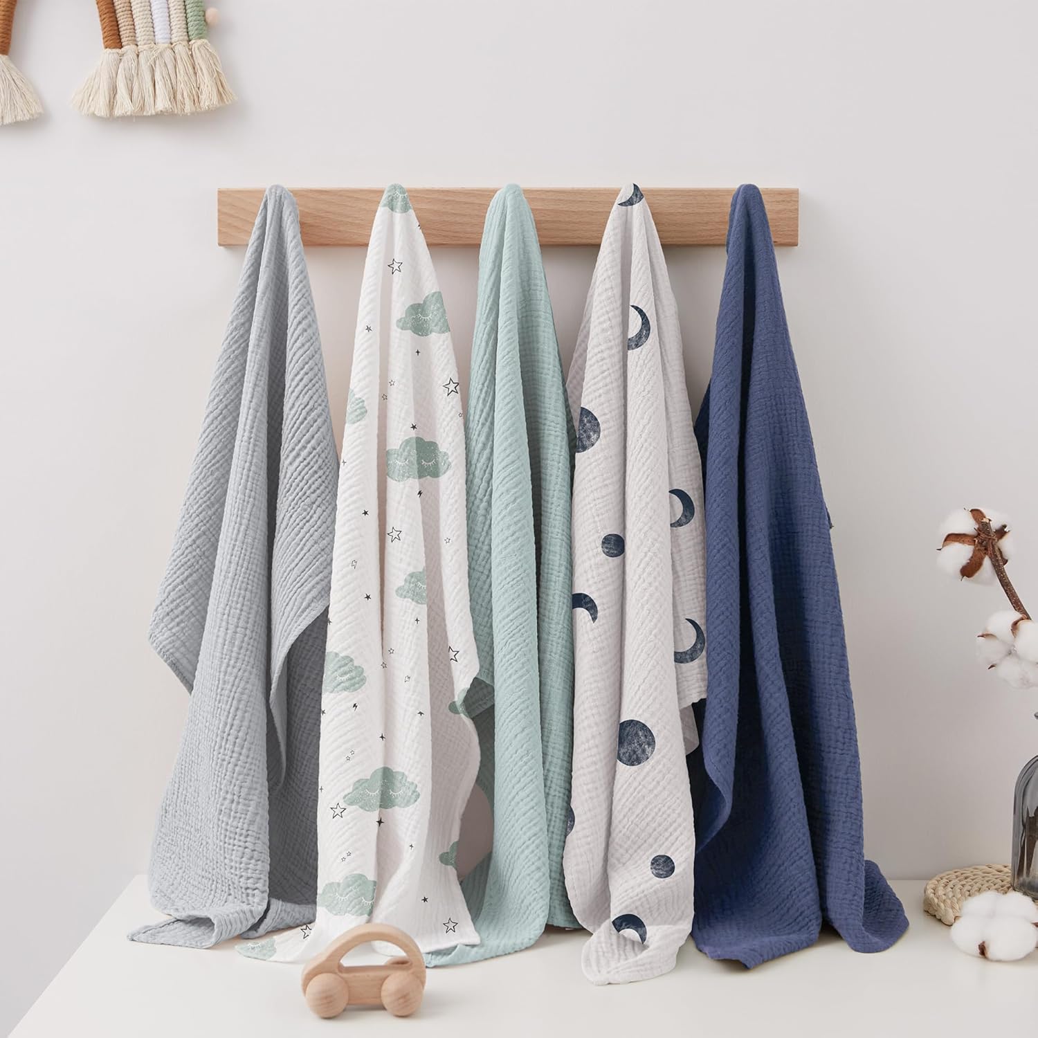 Thumbnail 5 de Susurration Mulltücher Baby Spucktücher im 5er-Set, 100% Baumwolle Musselin 60 x 60 cm (Blauer Druck)