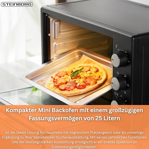 Detalle de STEInBORG Mini Backofen 25 Liter – 3in1 Ofen mit Ober-/Unterhitze, Konvektion und Timer
