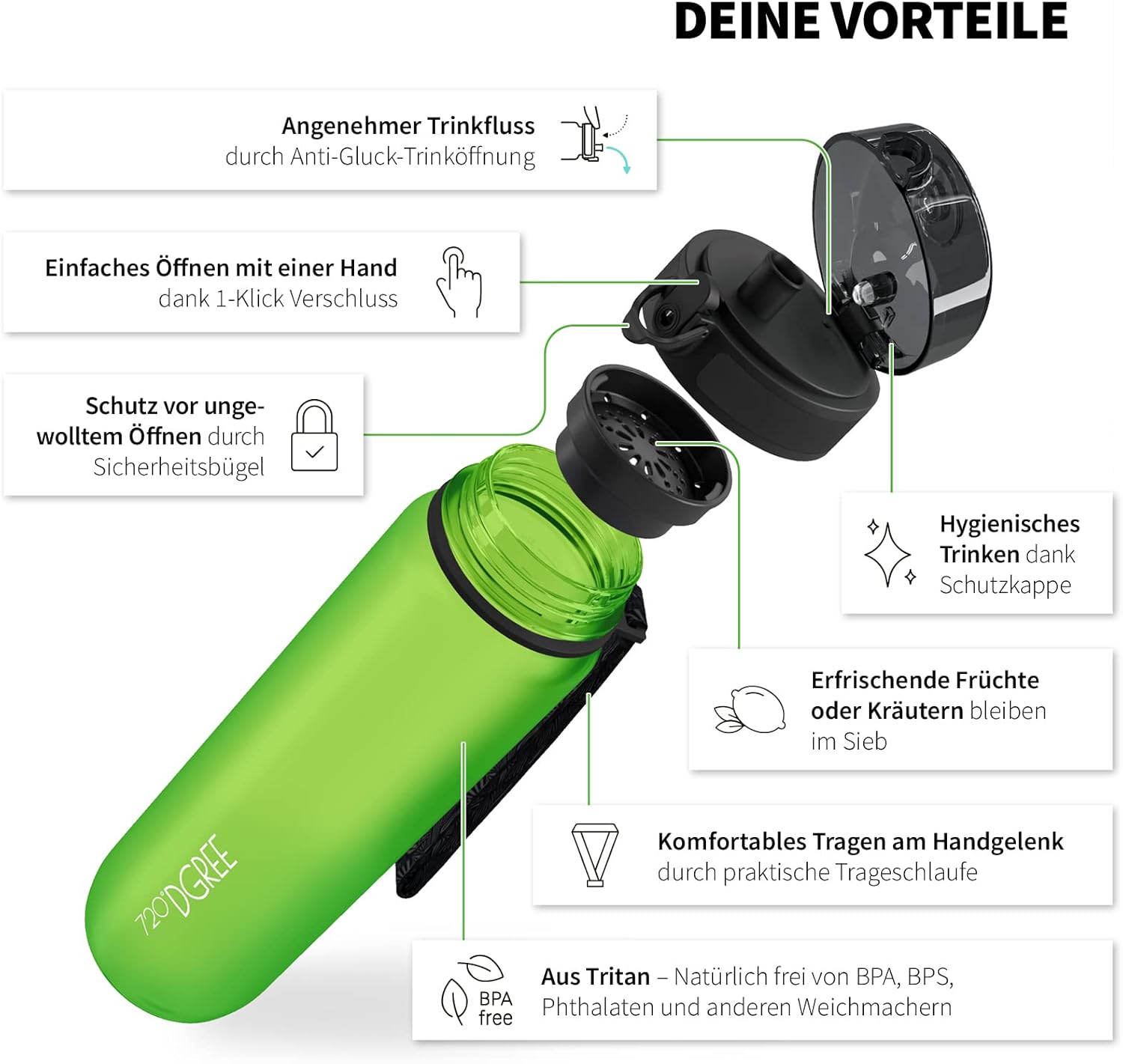 Thumbnail 1 de 720°DGREE Trinkflasche Kinder 500 ml „uberBottle“ softTouch mit Sieb – auslaufsicher, BPA-frei, aus Tritan