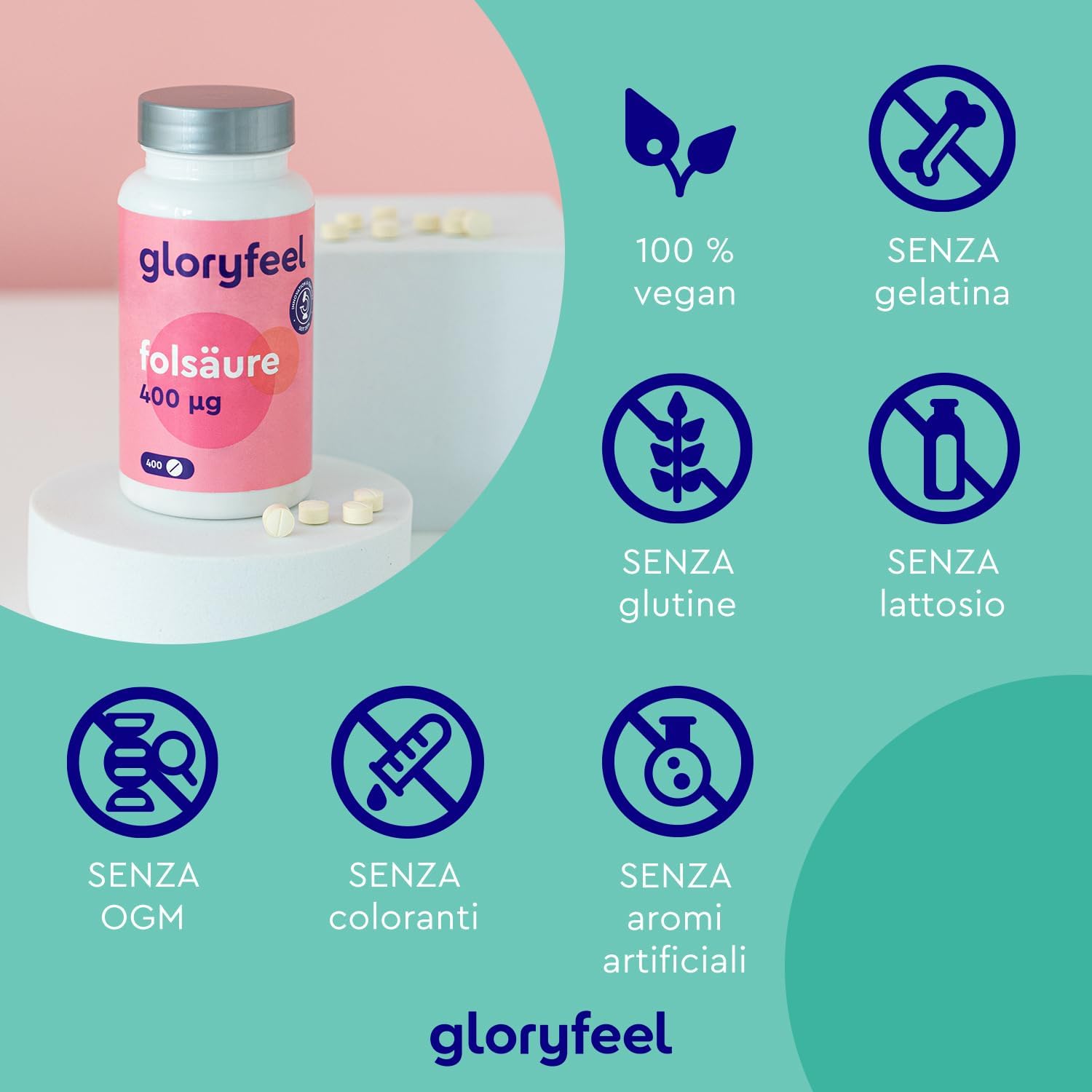 Detalle de Acido folico 400 µg compresse (vitamina B9) per il 1° trimestre: 400 compresse, 100% vegan