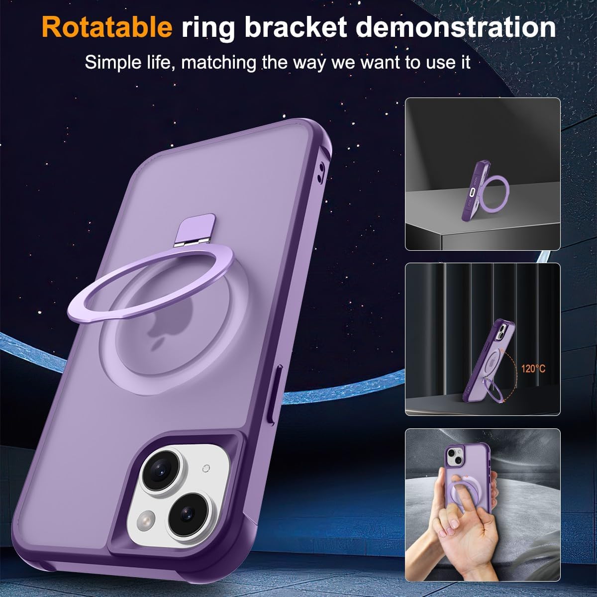 Thumbnail 4 de CHAOFEnG Magnetic iPhone 14 Case with Metal Ring Stand (Purple)