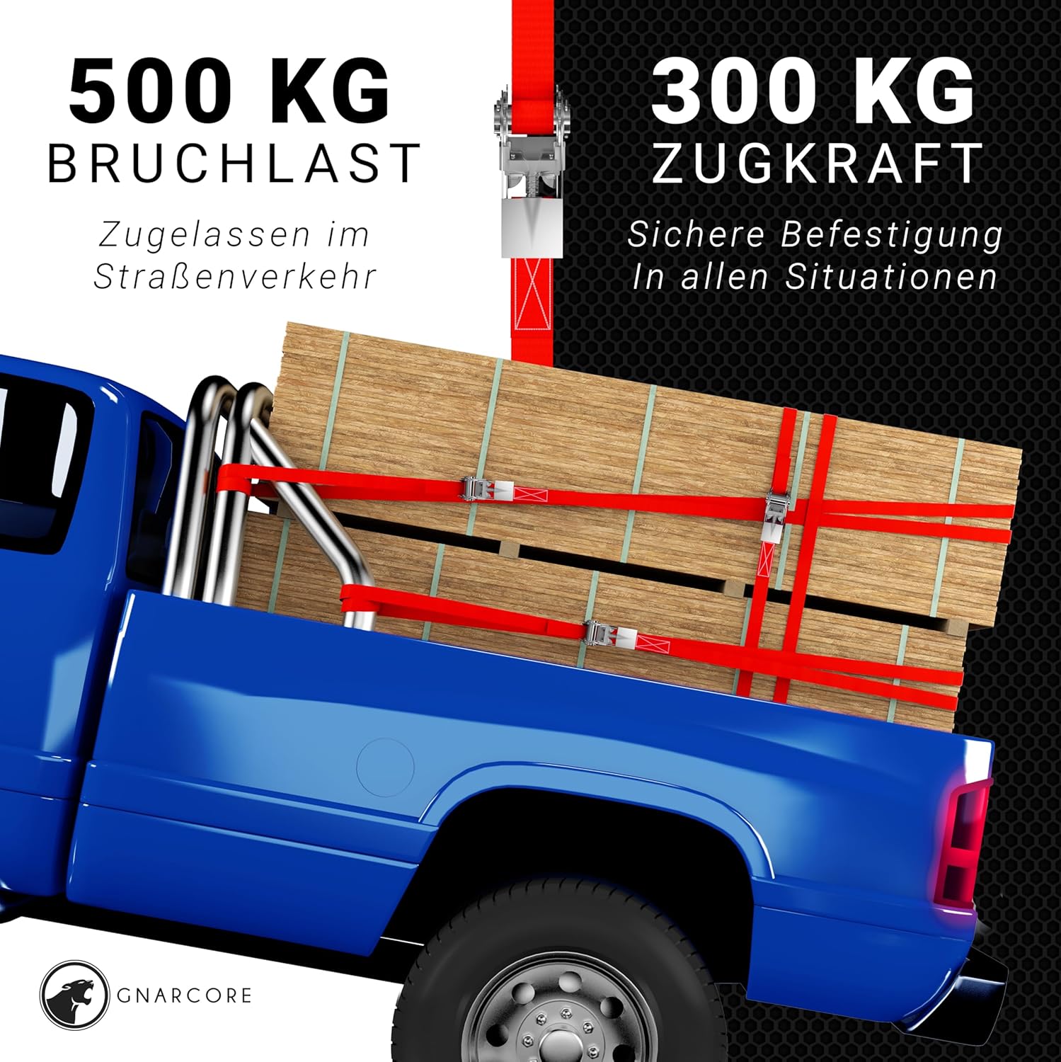 Detalle 1 de Gnarcore wetterfeste Basic Spanngurte mit Ratsche 4 m / 6 m – 300 kg Zugkraft, 25 mm Breite