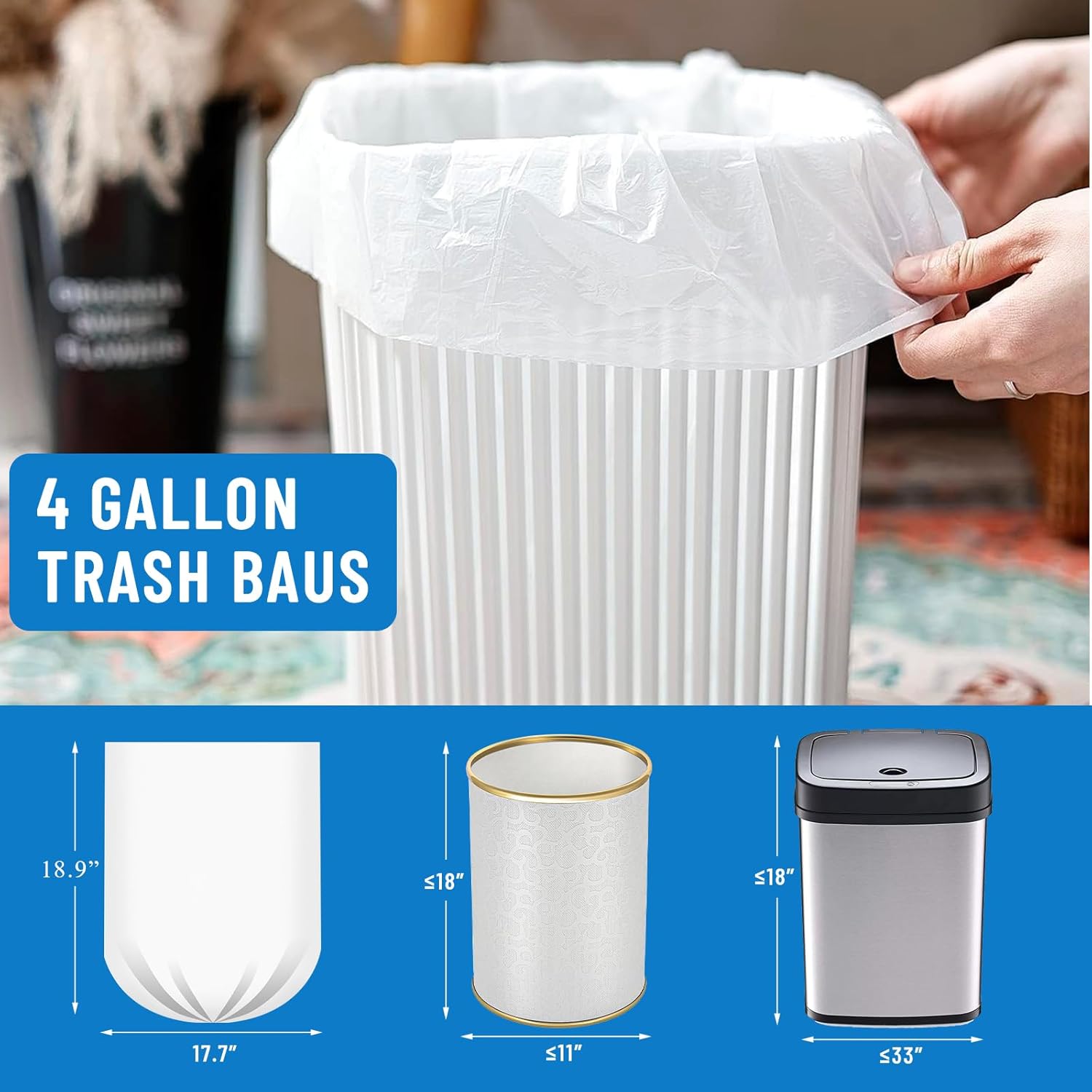 Detalle de LainNeala 4 Gallon Small Trash Bags – 100 Count, Unscented, White, Perforated Star Seal
