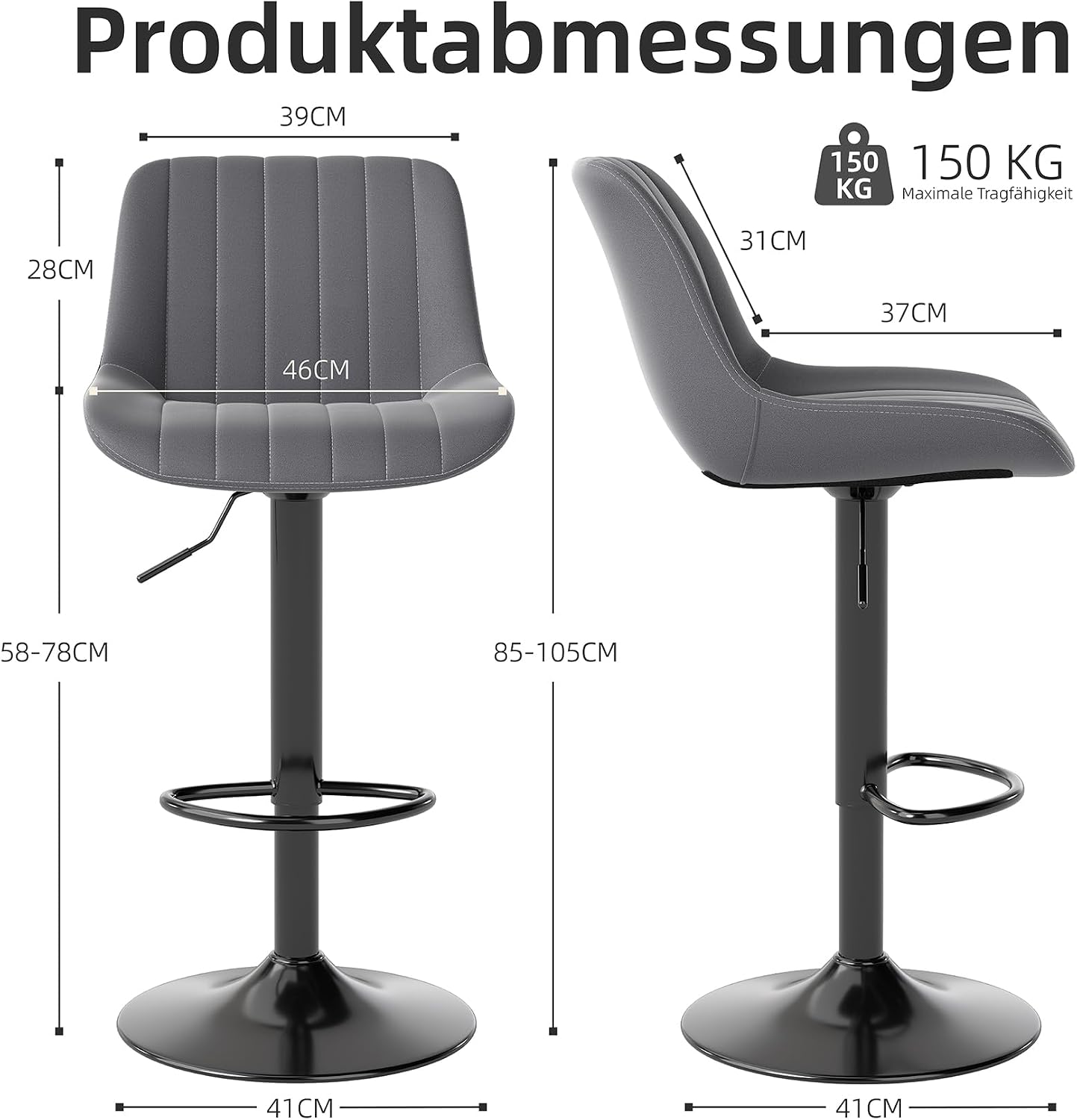 Detalle de Youhauchair Barhocker 4er-Set mit Rückenlehne, drehbar & höhenverstellbar (PU-Leder), dunkelgrau