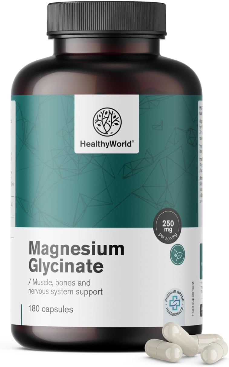 Detalle de HealthyWorld Magnesiumglycinaat, 180 plantaardige capsules met 125 mg magnesium