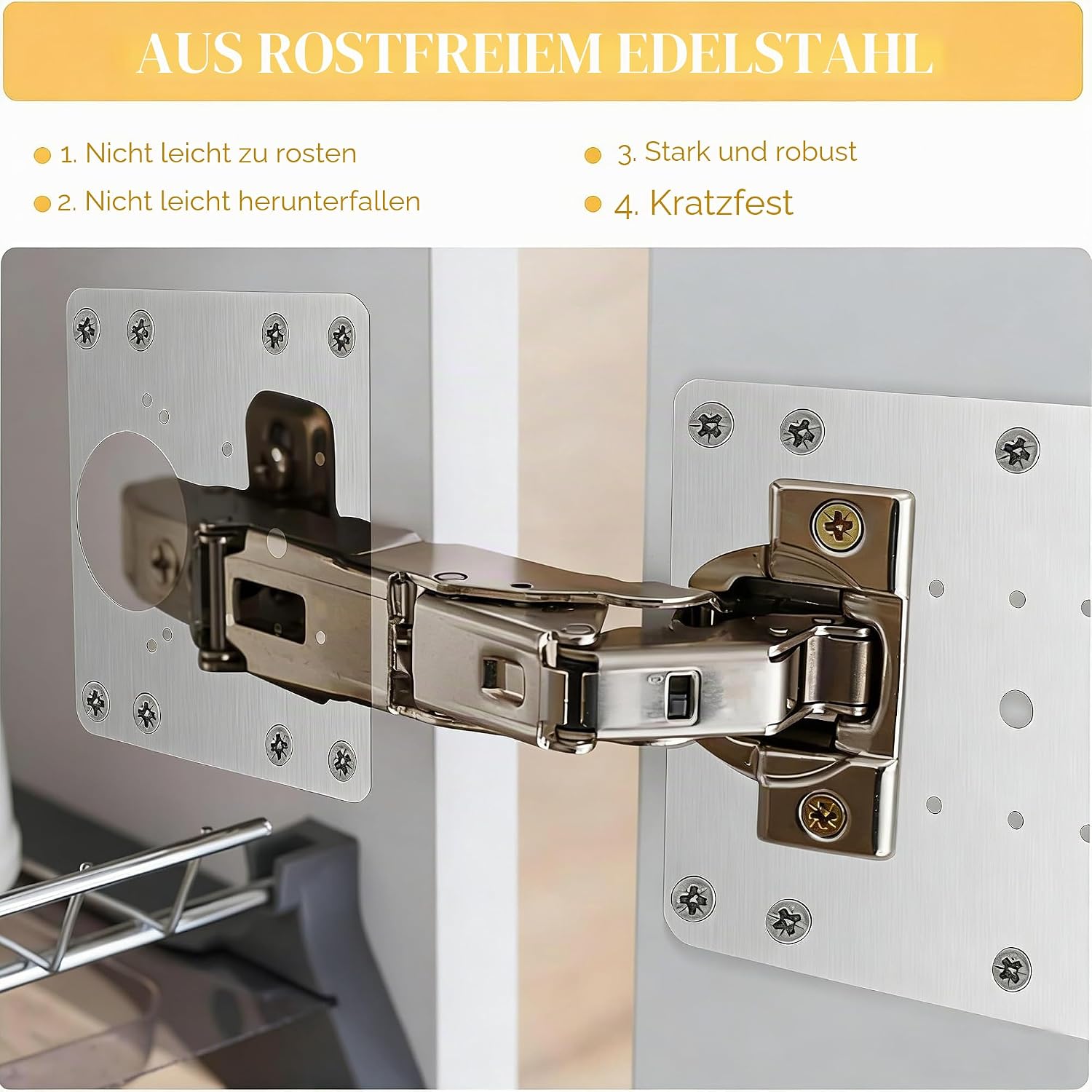 Detalle de 8 Stück Scharnier Reparaturplatte Edelstahl – 9×9 cm, inkl. 48 Schrauben für Küchenschranktüren und Seitenteile