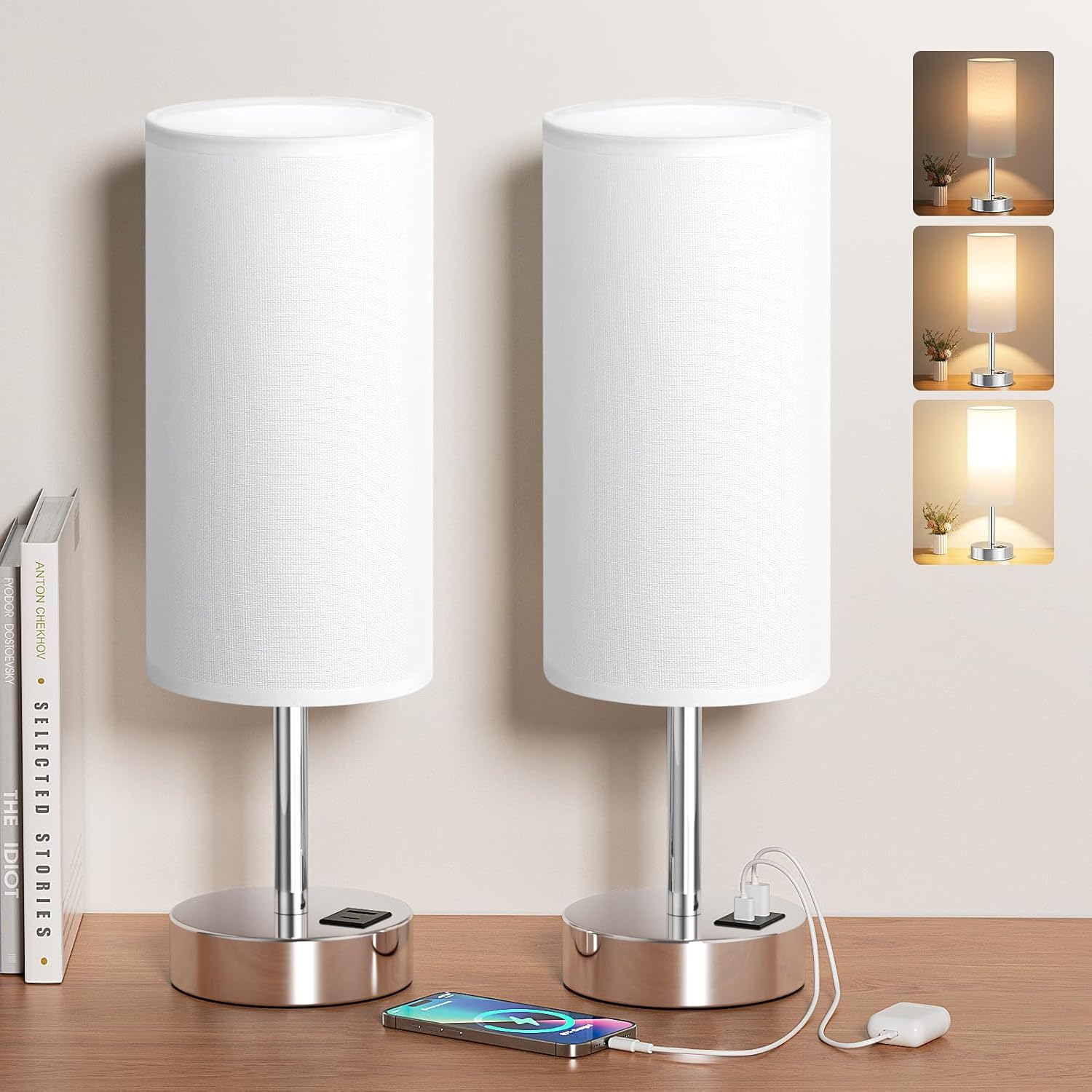 Detalle de Aooshine Touch Bedside Lamps Set of 2 – Dimmable, with White Shade and Silver Base (Bulbs Included)