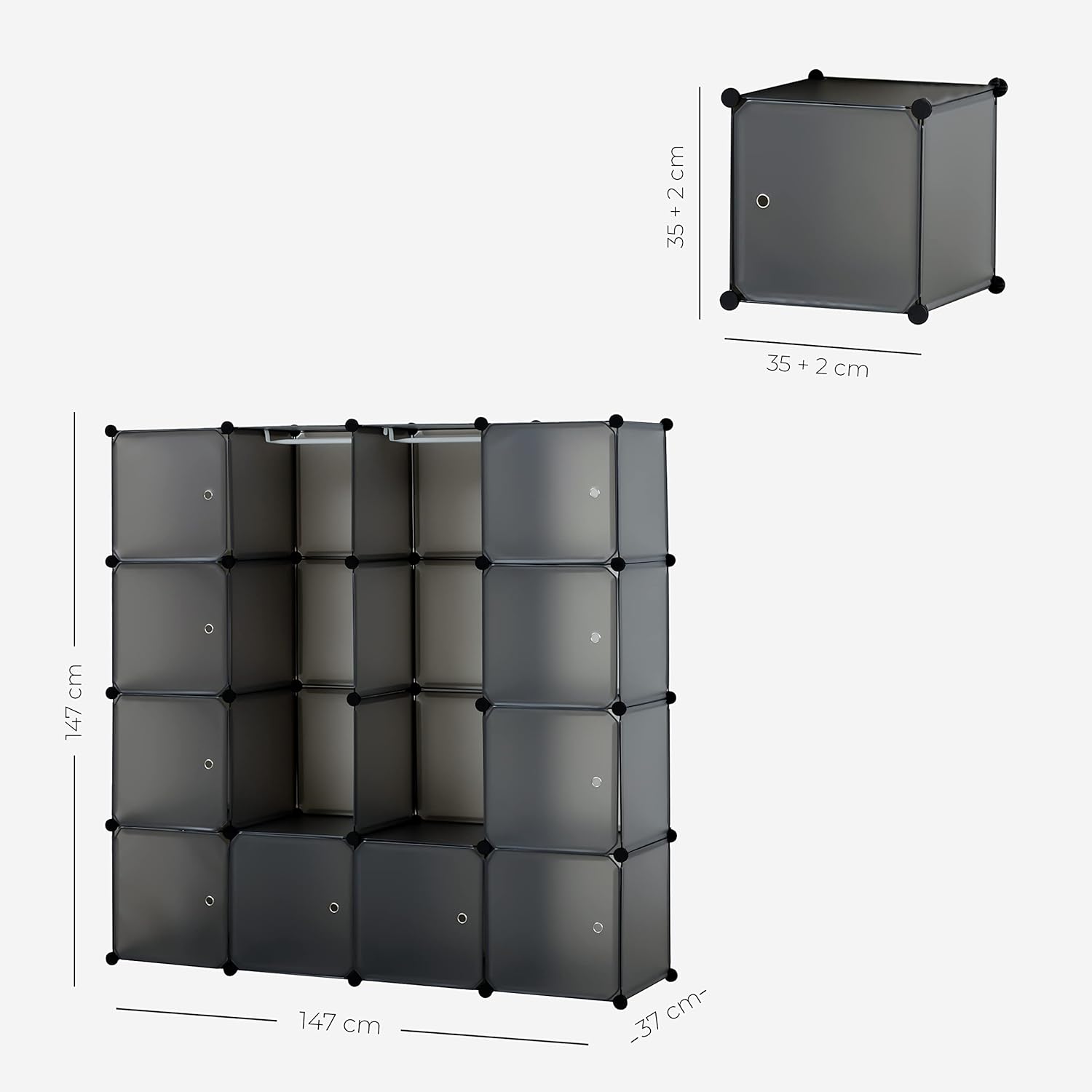 Thumbnail 6 de Baroni Home Armadio componibile salva spazio, 16 scomparti in PP – grigio opaco 147x37x147 cm