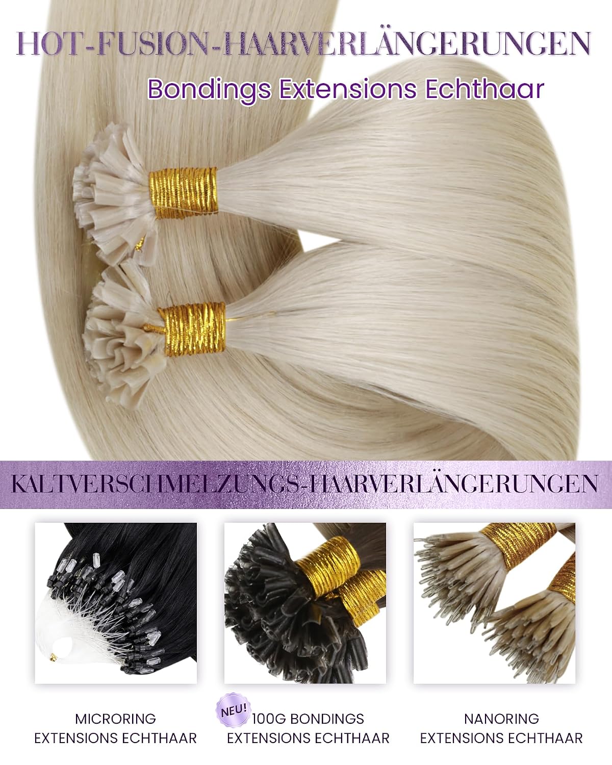 Thumbnail 6 de LaaVoo Bonding Extensions aus Echthaar (Platinblond), U-Tip Keratin Bondings, 1 g/s, 40 cm, 50 g (#60)